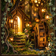 Detail of the glowing cottage doorway and wooden water wheel inside The Fairy Glen book nook
