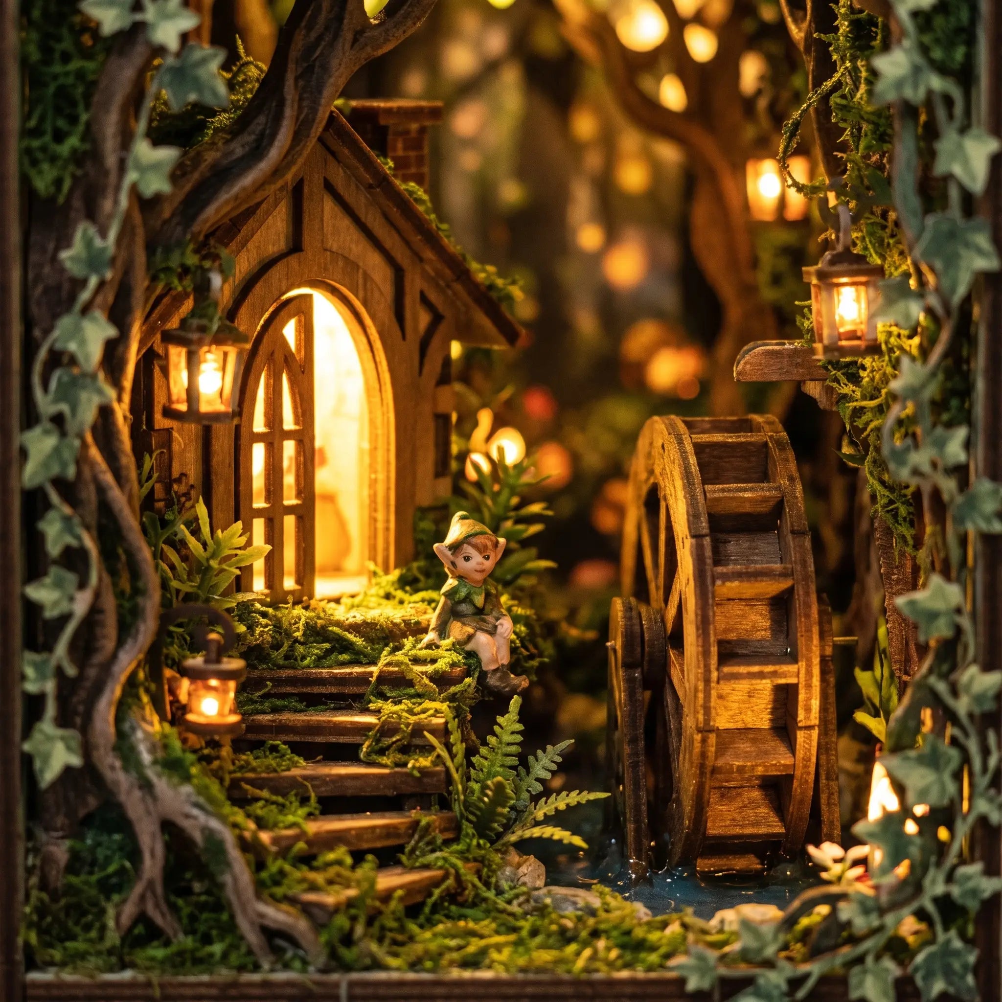 Detail of the glowing cottage doorway and wooden water wheel inside The Fairy Glen book nook