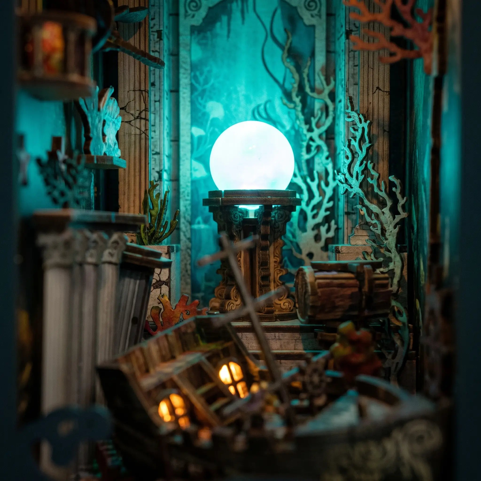 The Sunken World macro detail, glowing orb among broken columns and coral