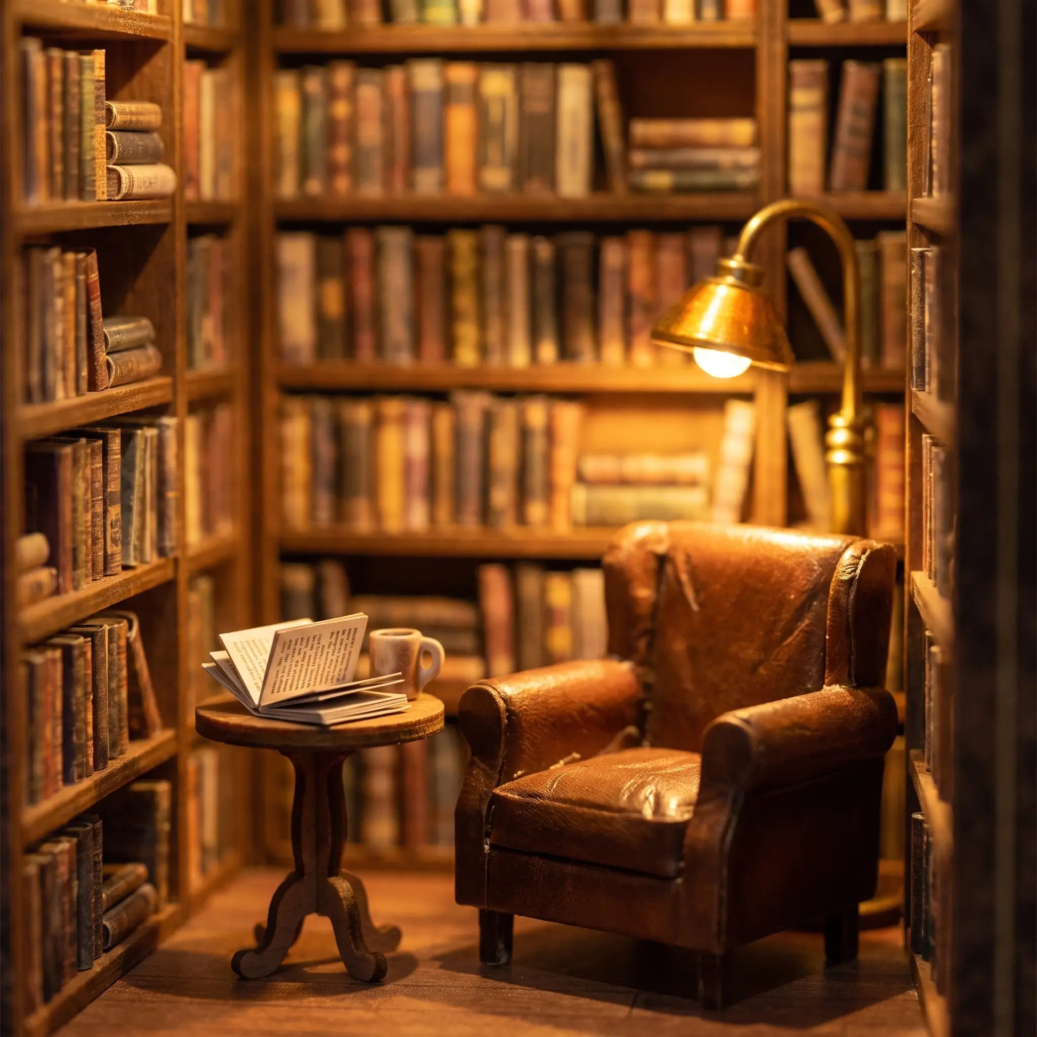 Macro detail of the lit armchair reading corner inside The Reading Room book nook