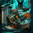 The Sunken World detail, half-buried shipwreck with warm lights among the ruins