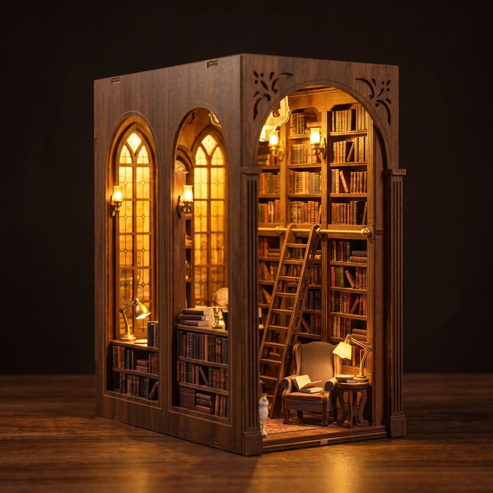 The Reading Room DIY book nook kit, antique library with arched windows, rolling ladder and armchair, lit warm amber