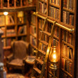 Macro detail of the rolling library ladder on brass rails inside The Reading Room book nook