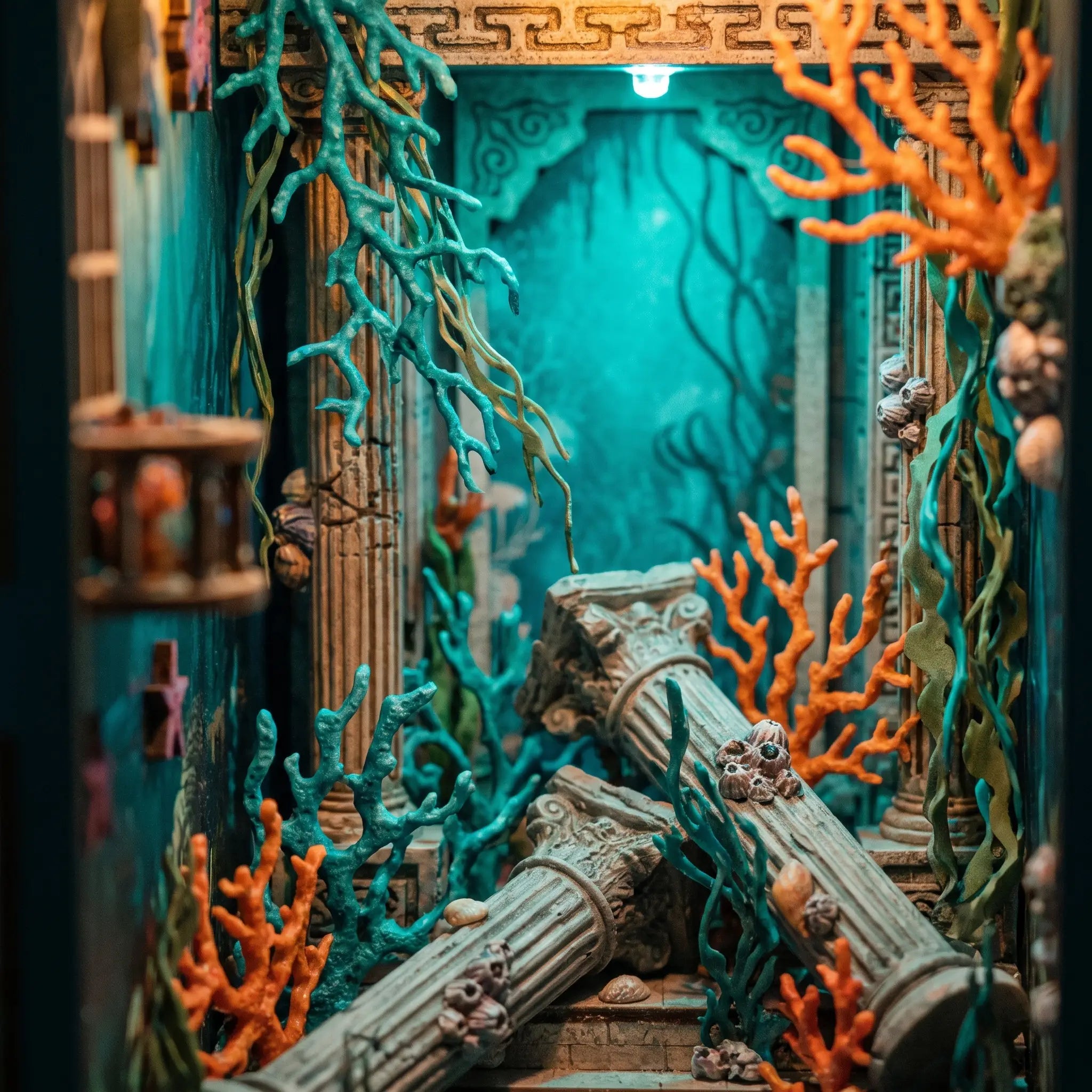 The Sunken World detail, coral and seaweed over broken stone columns