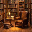 Macro detail of the cozy armchair reading corner lit by a brass lamp inside The Reading Room book nook