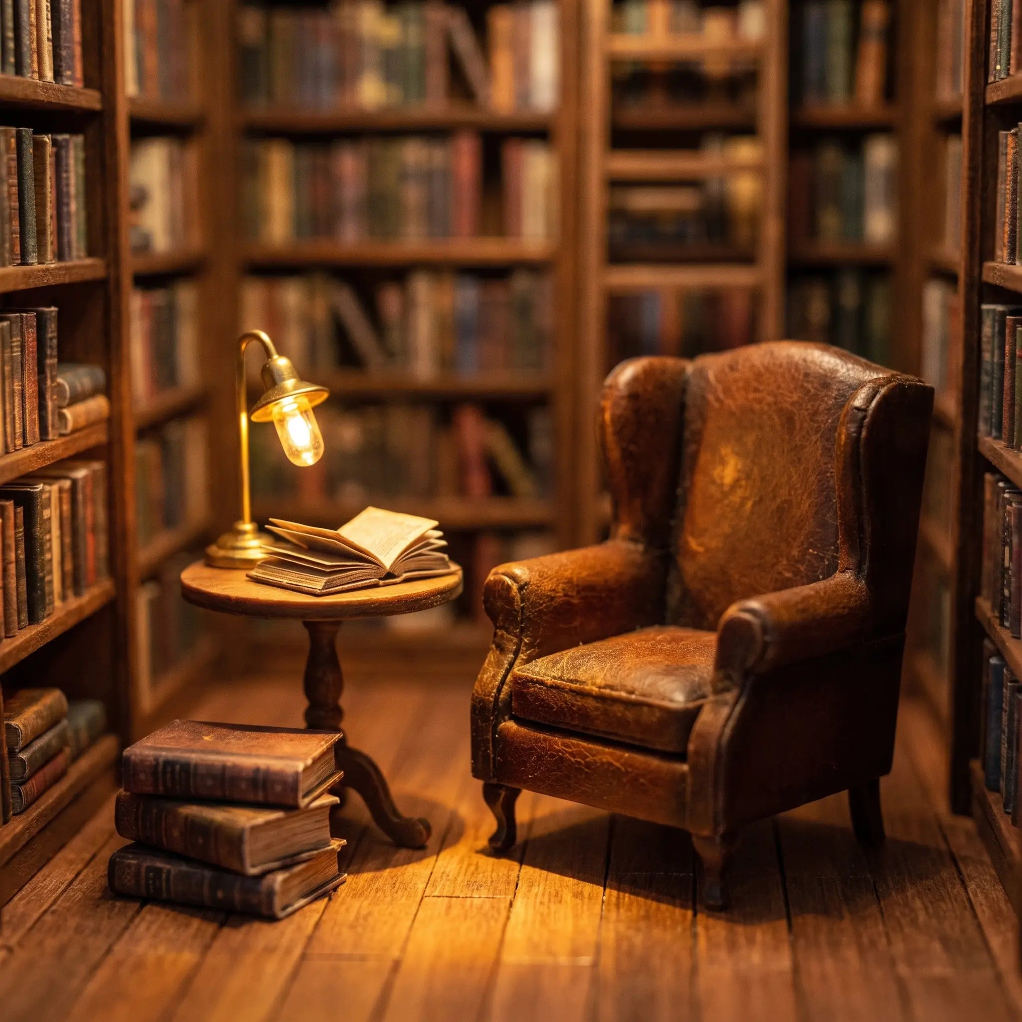 Macro detail of the cozy armchair reading corner lit by a brass lamp inside The Reading Room book nook