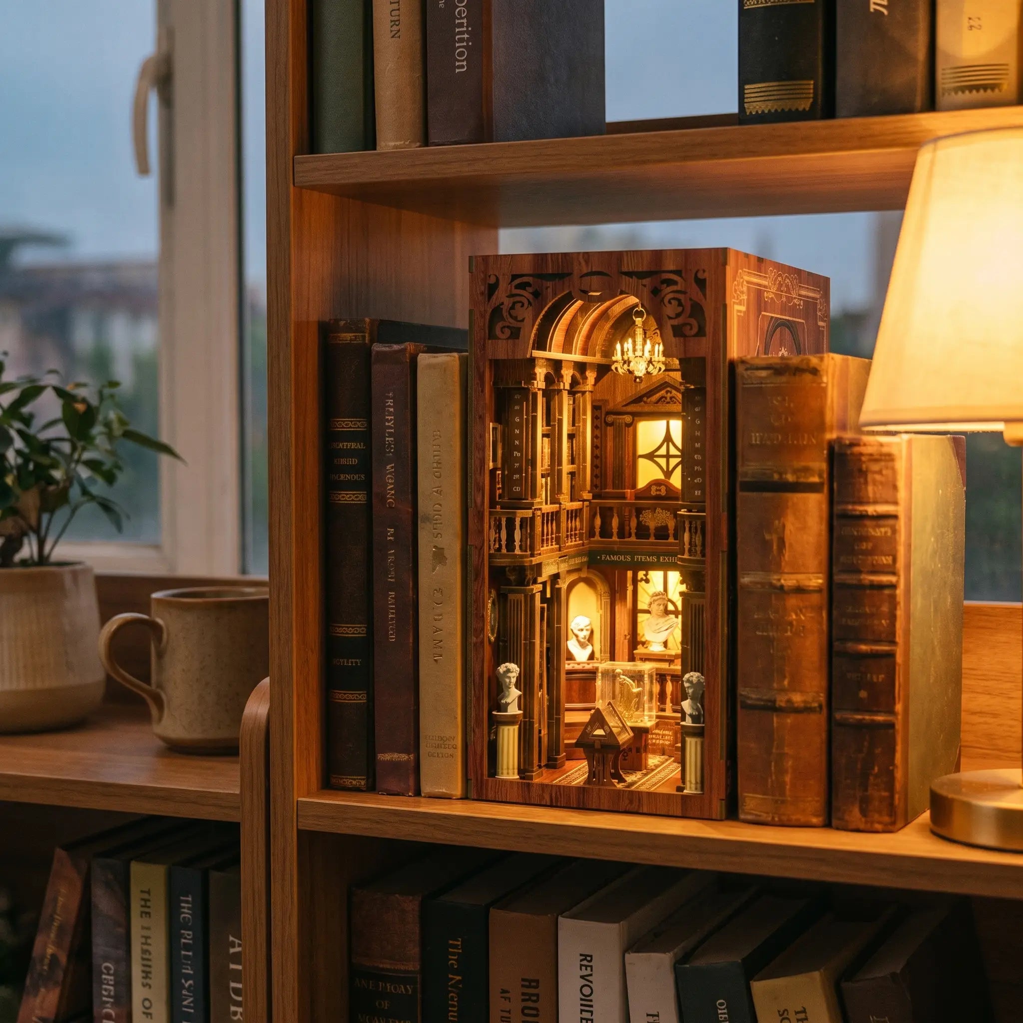 The Grand Exhibition book nook slotted on a bookshelf between books, glowing warm amber