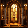 Marble bust lit by a stained glass window inside The Grand Exhibition book nook