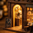 Close-up of the lit arched doorway and coffee counter of The Book Café