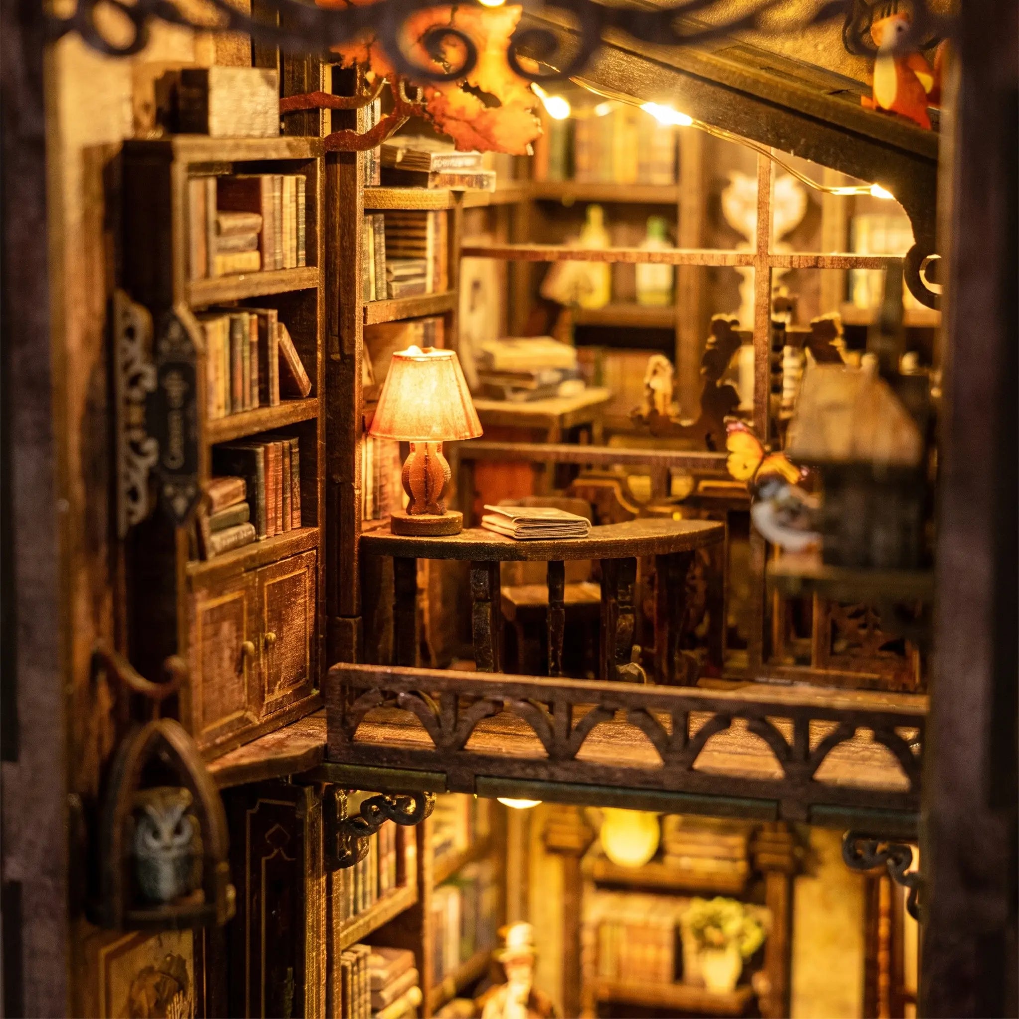 Close-up of the upstairs balcony bookshelves in The Book Café