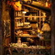 Close-up of the coffee counter shelves in The Book Café