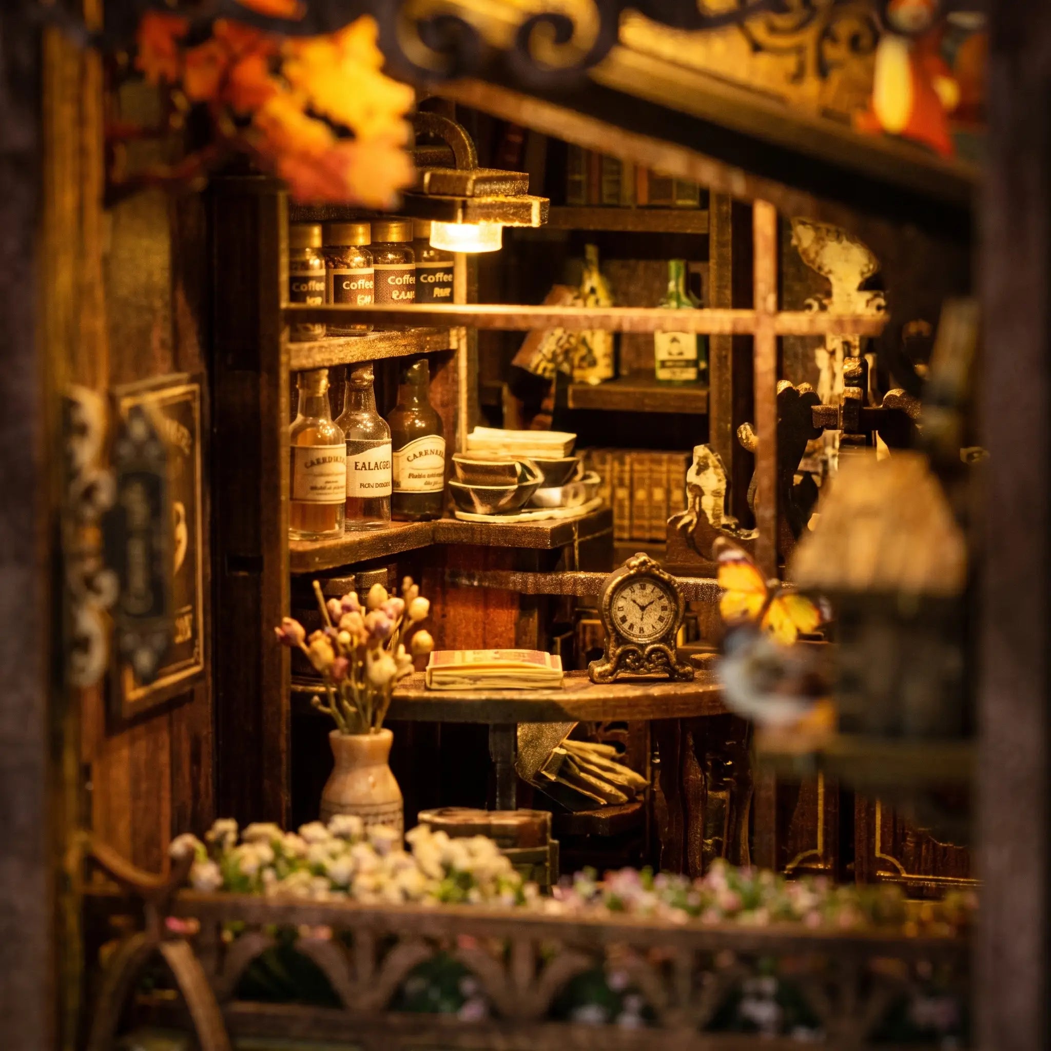 Close-up of the coffee counter shelves in The Book Café
