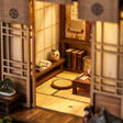 Close-up of the glowing tatami room inside The Lantern House