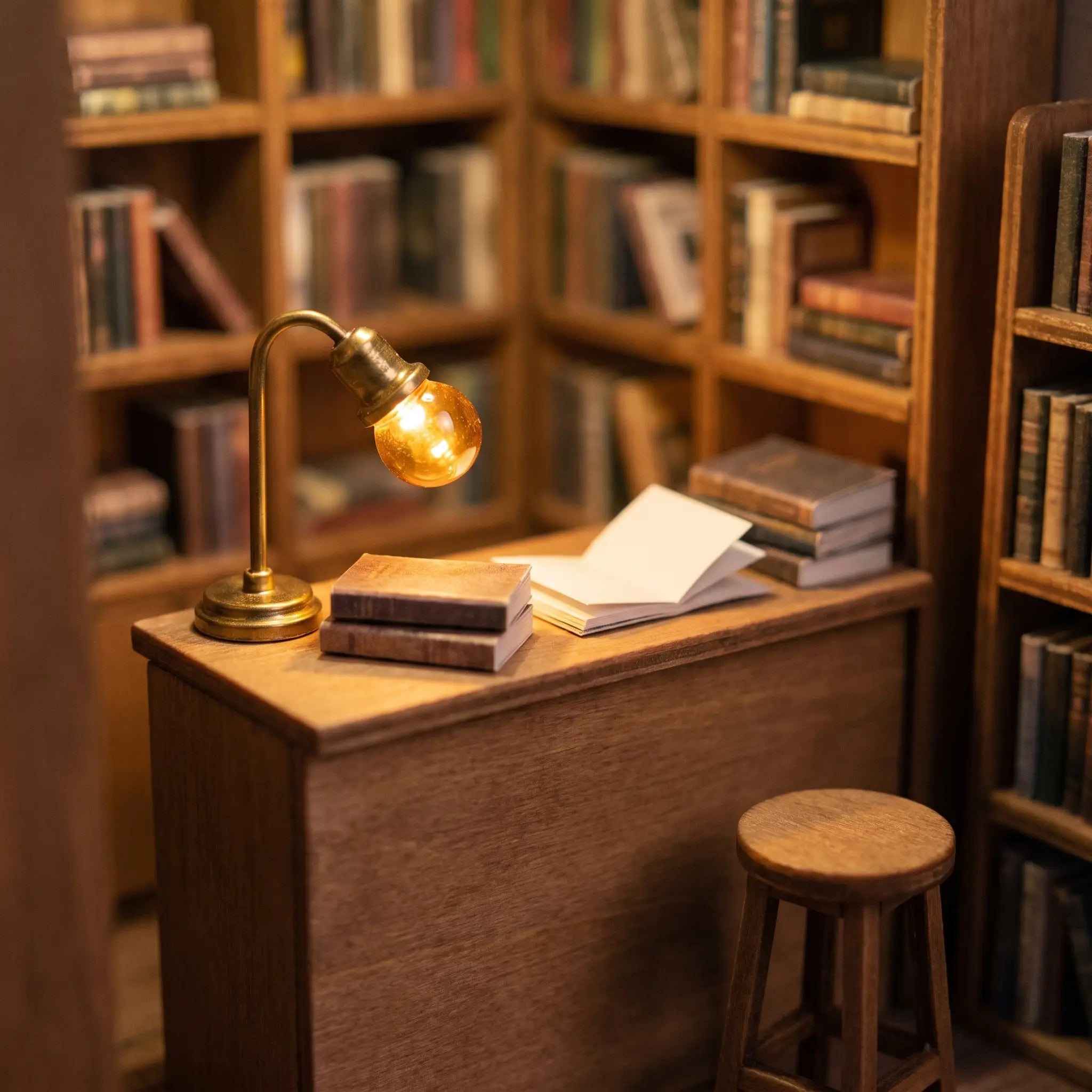 Close-up of the warm lit reading counter and brass lamp inside The Corner Bookshop