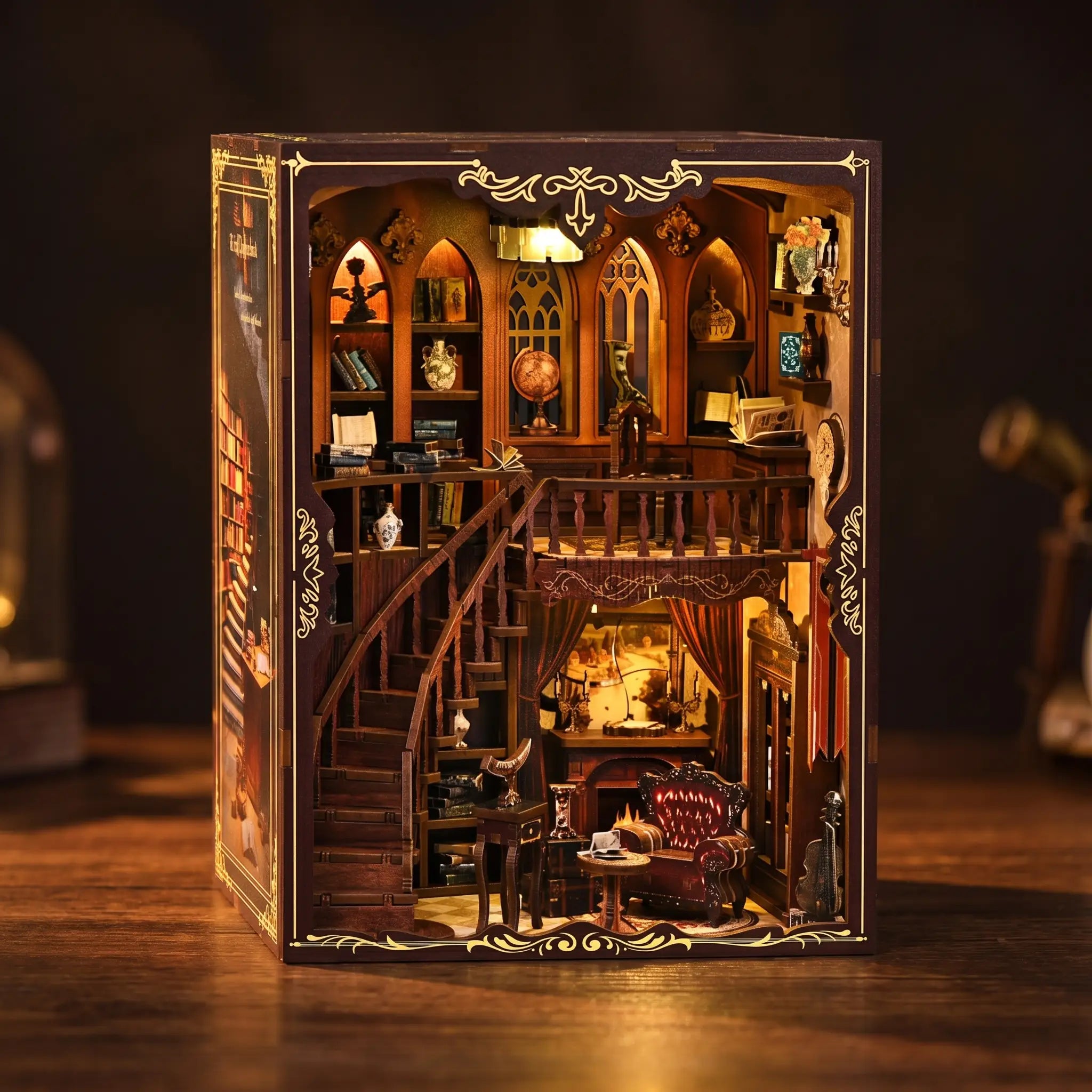The Cathedral Library gothic magic library book nook, lit interior on a dark walnut surface