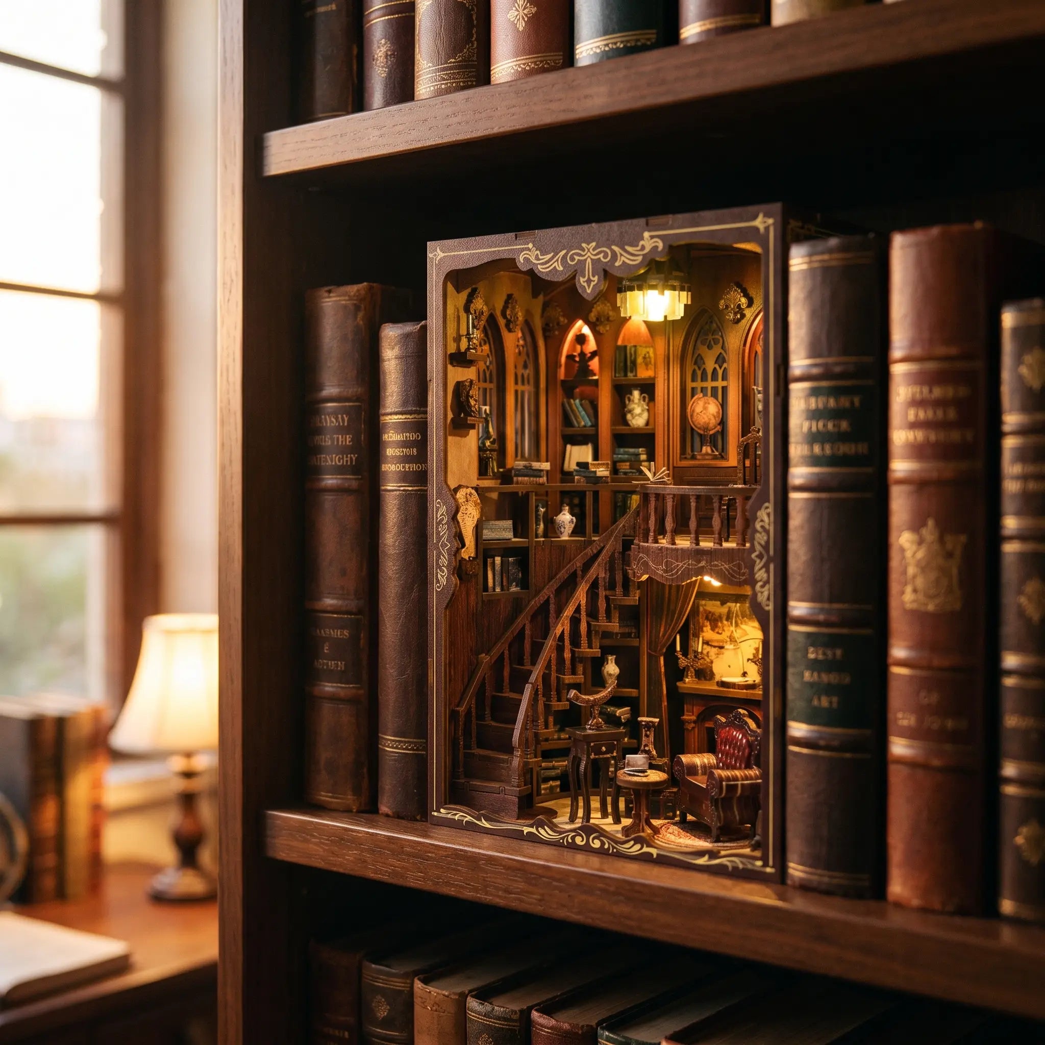 The Cathedral Library book nook slotted on a bookshelf at dusk, glowing warm