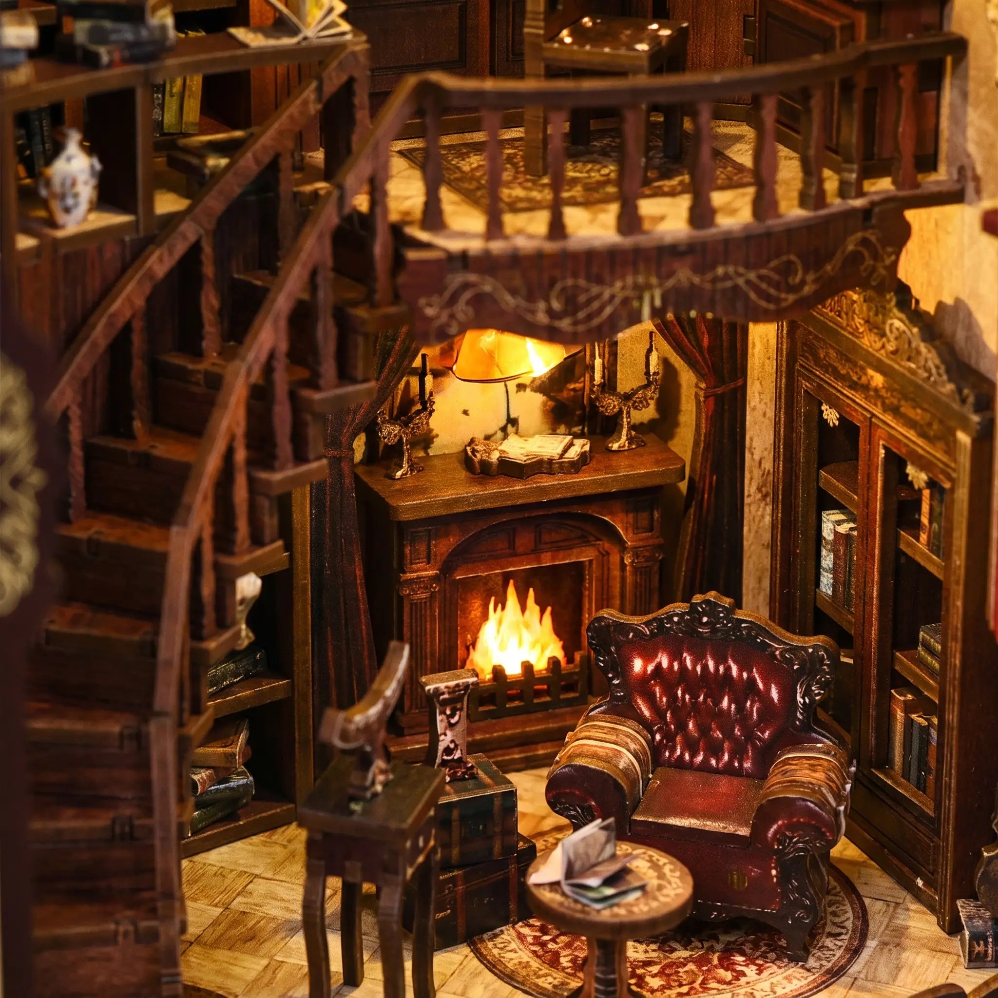 Close-up of the glowing fireplace and leather armchair inside The Cathedral Library