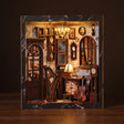 The Music Room miniature Victorian parlor and music room kit, lit interior on a dark backdrop