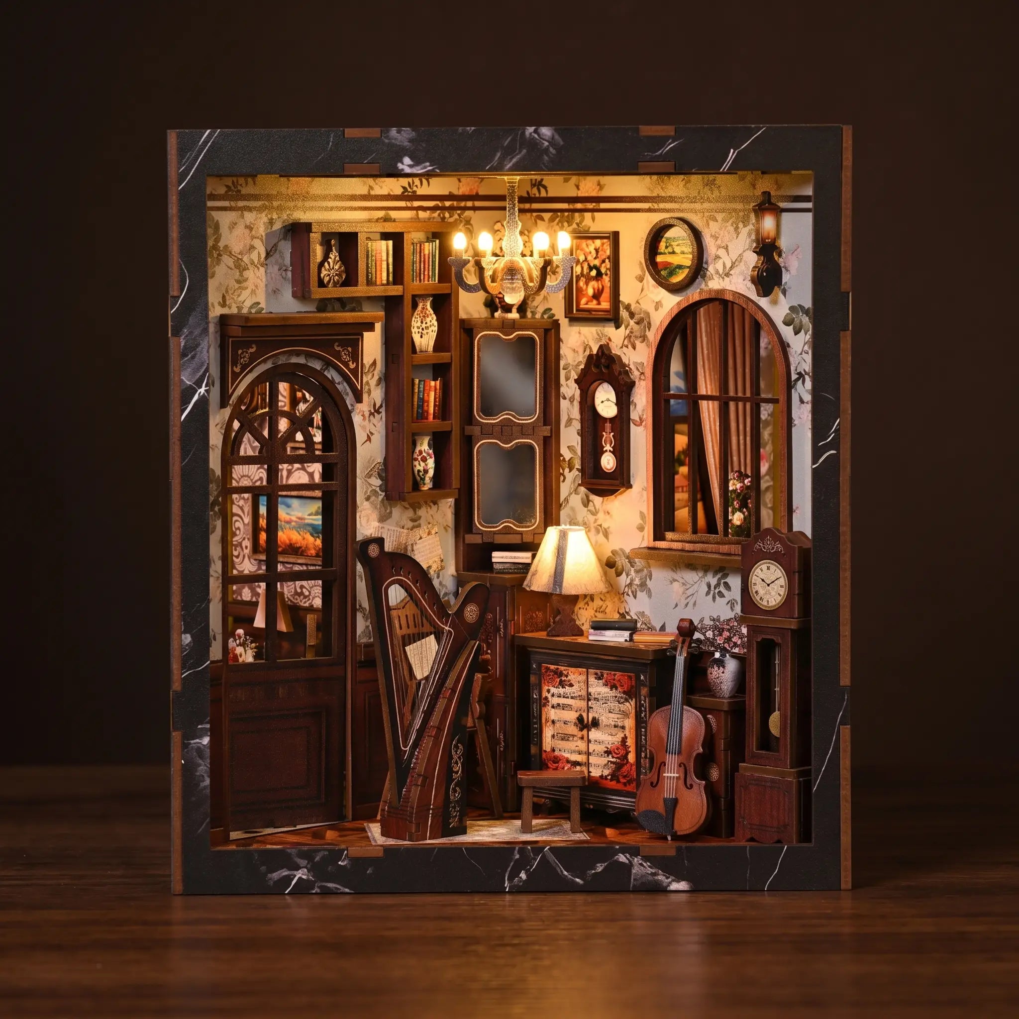 The Music Room miniature Victorian parlor and music room kit, lit interior on a dark backdrop