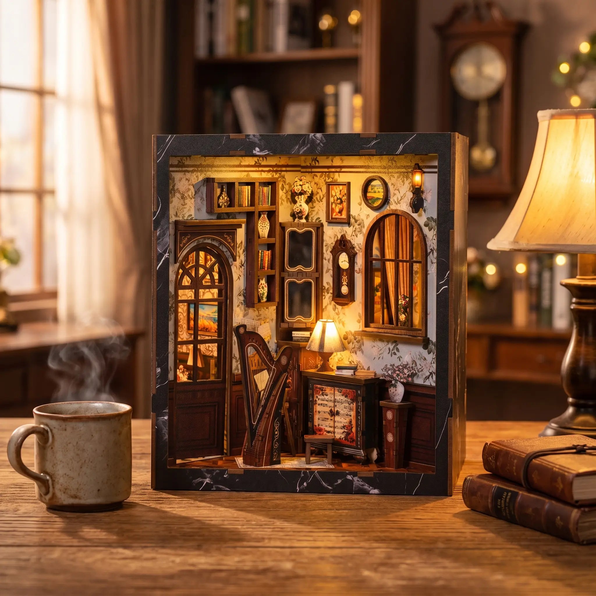 The Music Room kit on a warm wooden desk at dusk with a mug and books