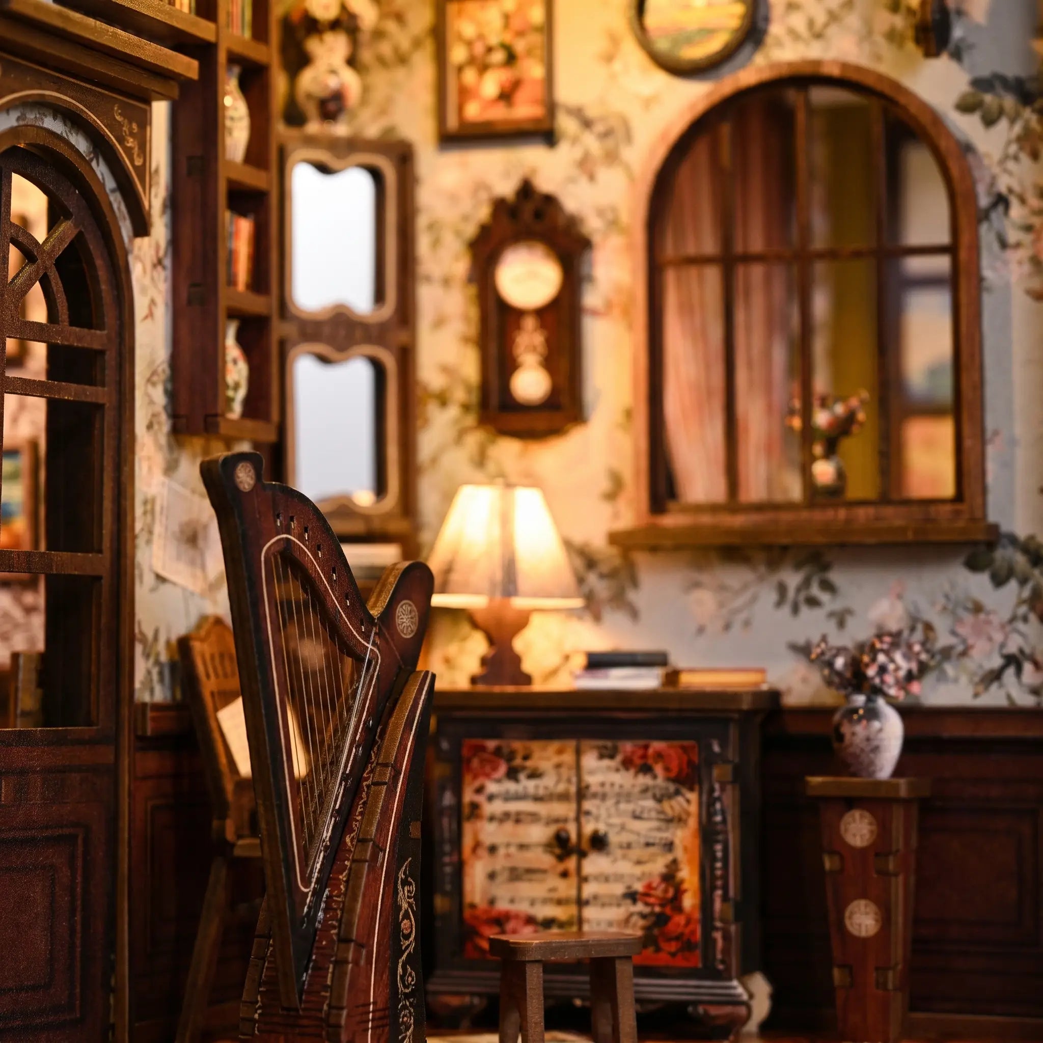 Close-up of the harp and warm lamplight inside The Music Room kit