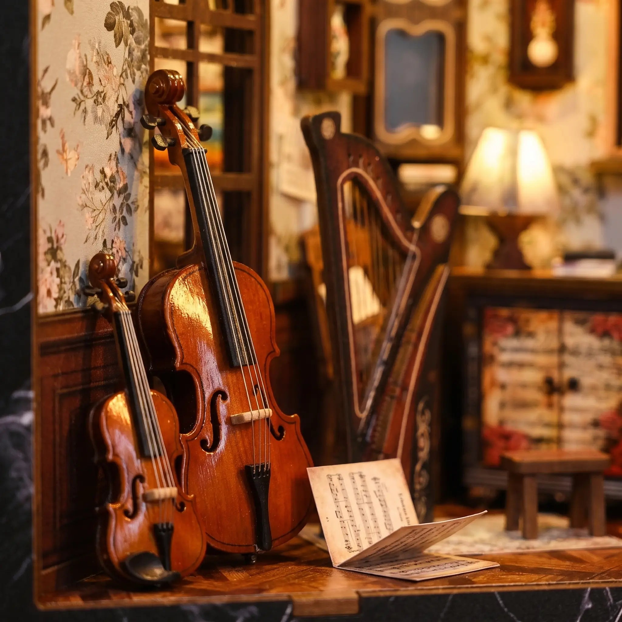 Close-up of the cello and violin inside The Music Room kit