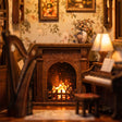 Close-up of the lit fireplace inside The Music Room kit