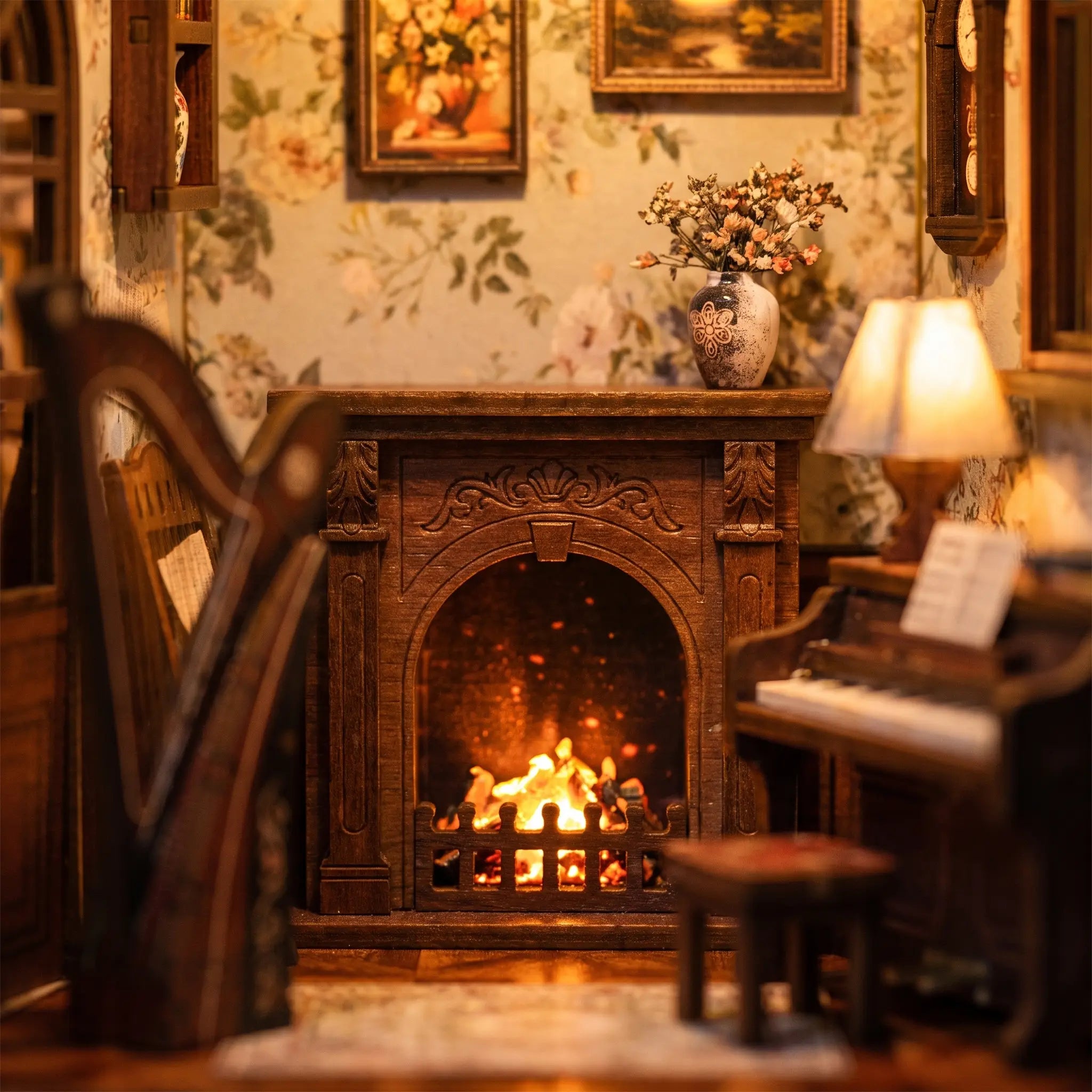 Close-up of the lit fireplace inside The Music Room kit