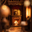 Close-up of the glowing fireplace and mantel inside The Cathedral Library