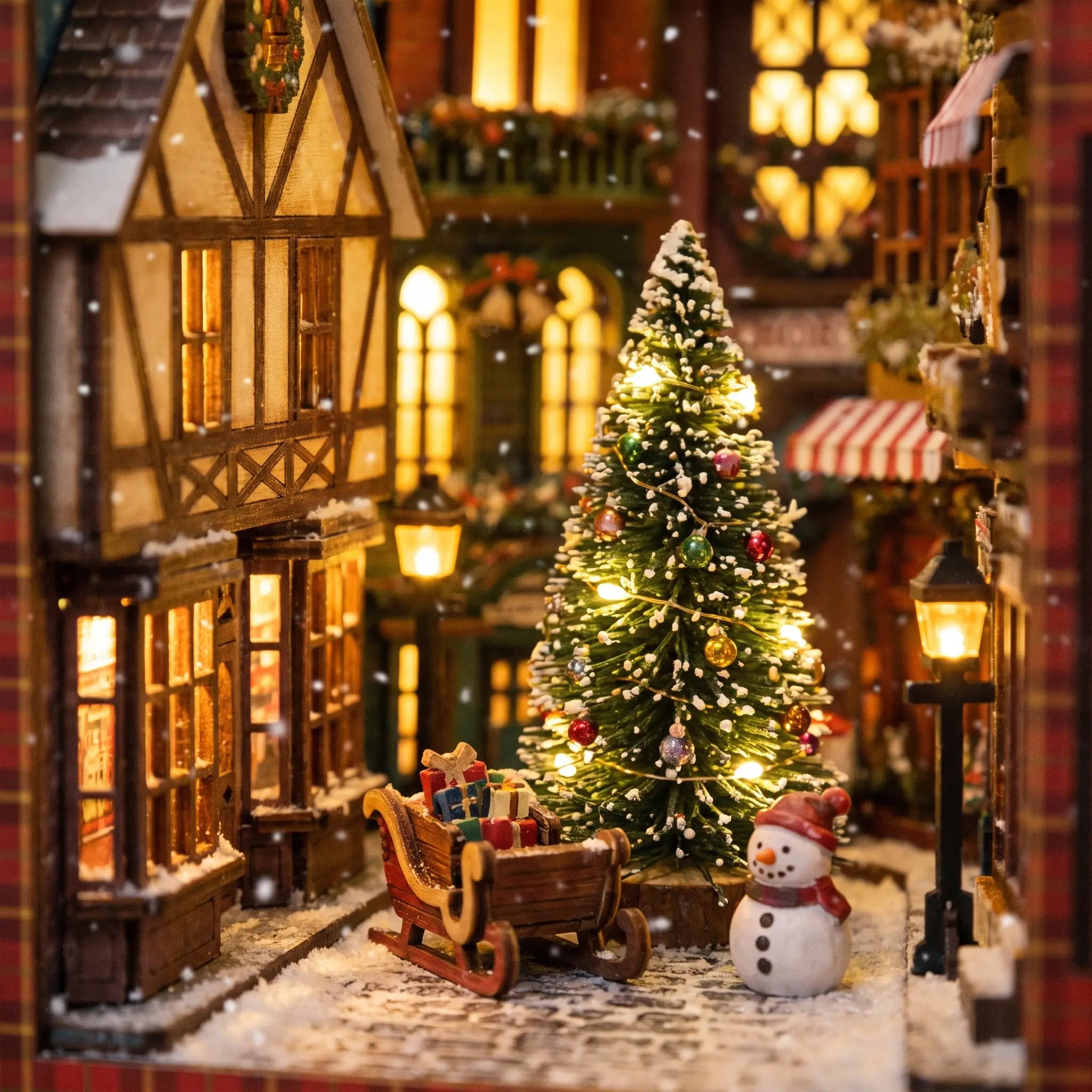 Close-up of the lit Christmas tree, sleigh and snowman inside The Winter Lane
