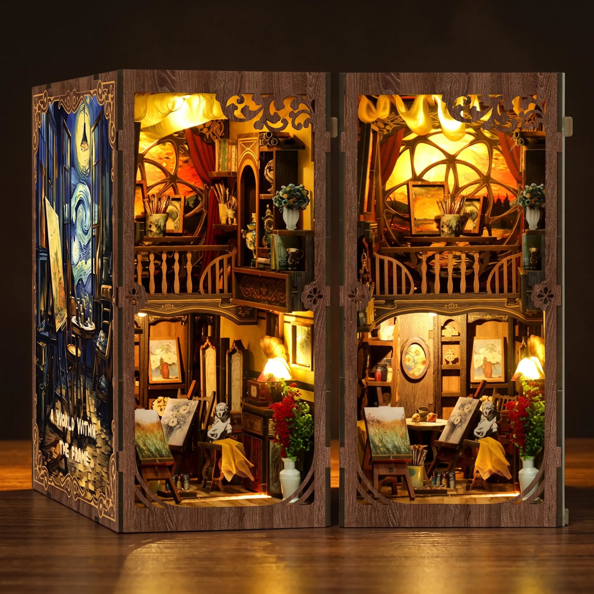 The Artist's Studio DIY book nook miniature on a dark walnut backdrop, interior glowing warm