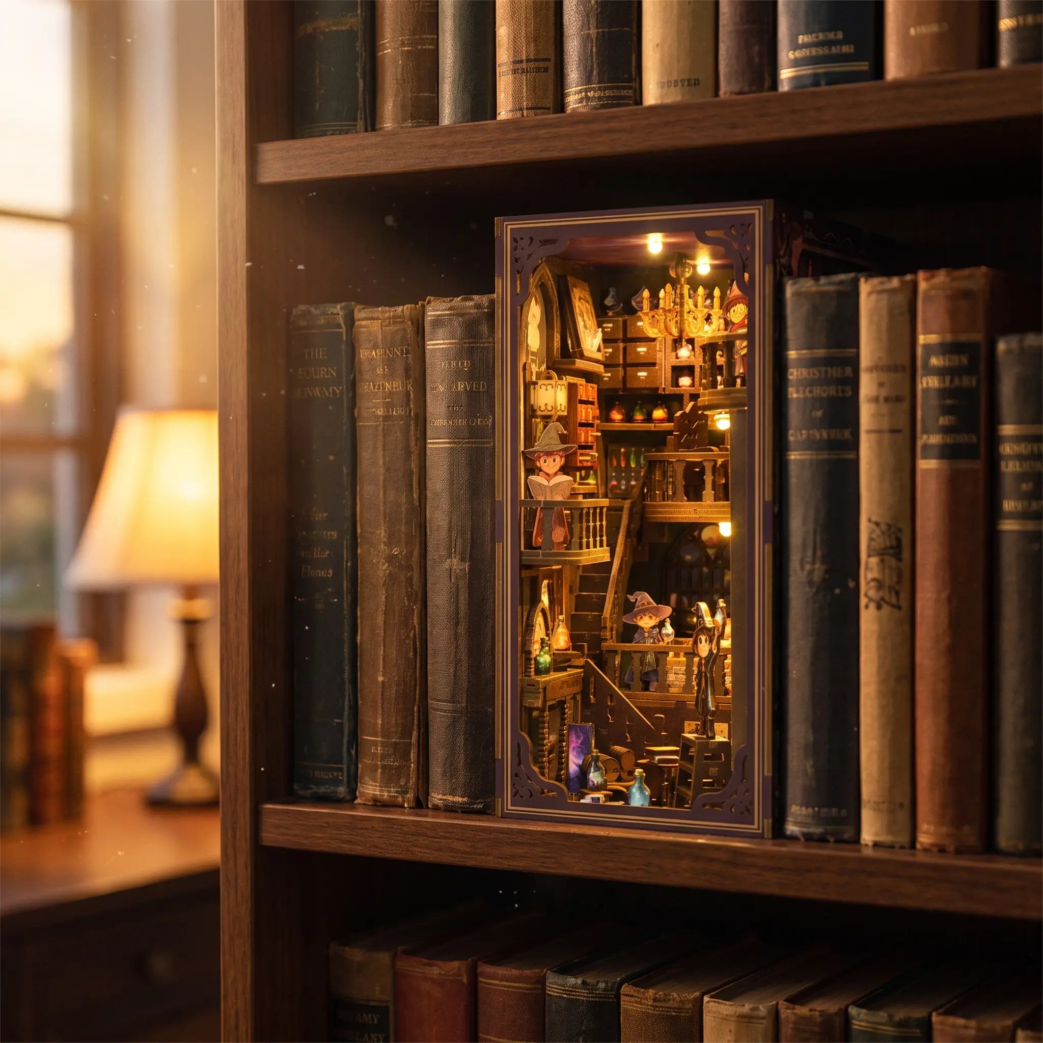 The Alchemy Academy book nook slotted on a shelf between books at dusk