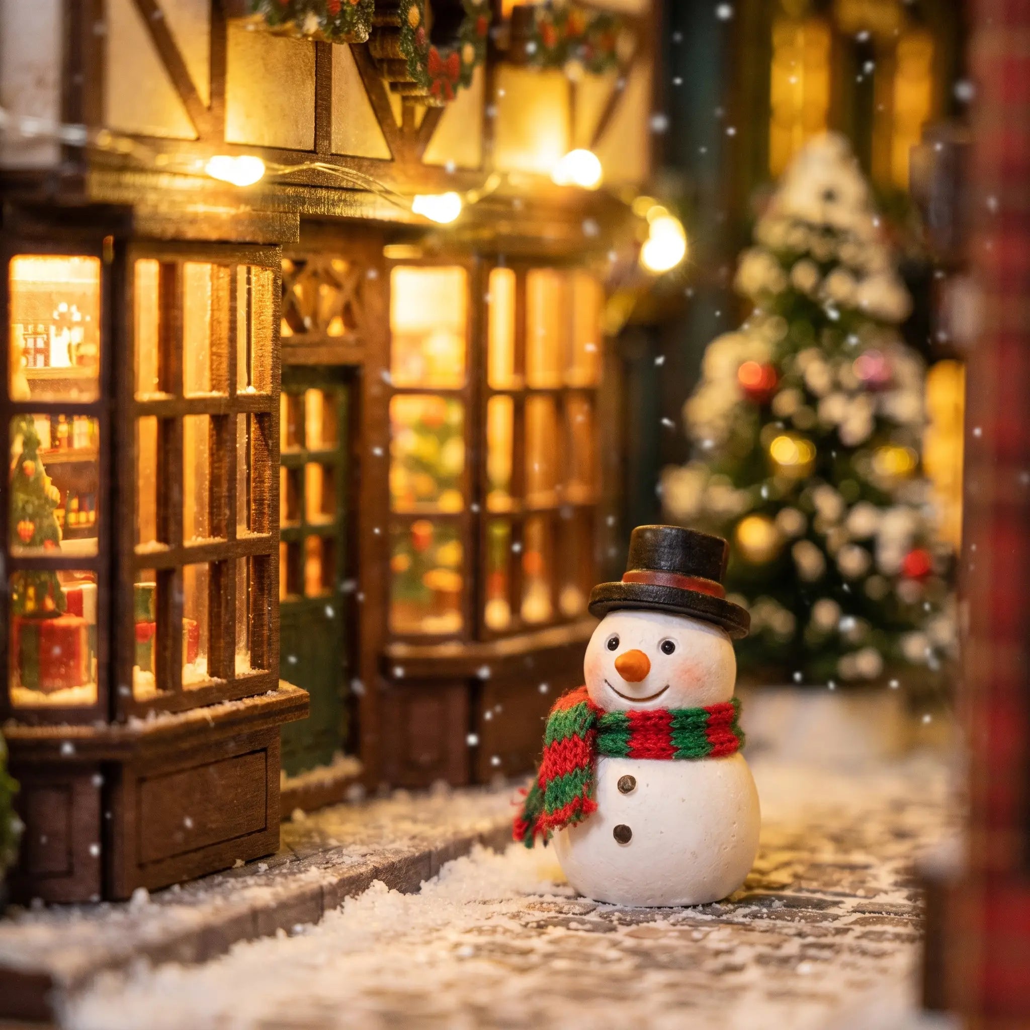 Detail of the cheerful snowman on the snowy street in The Winter Lane