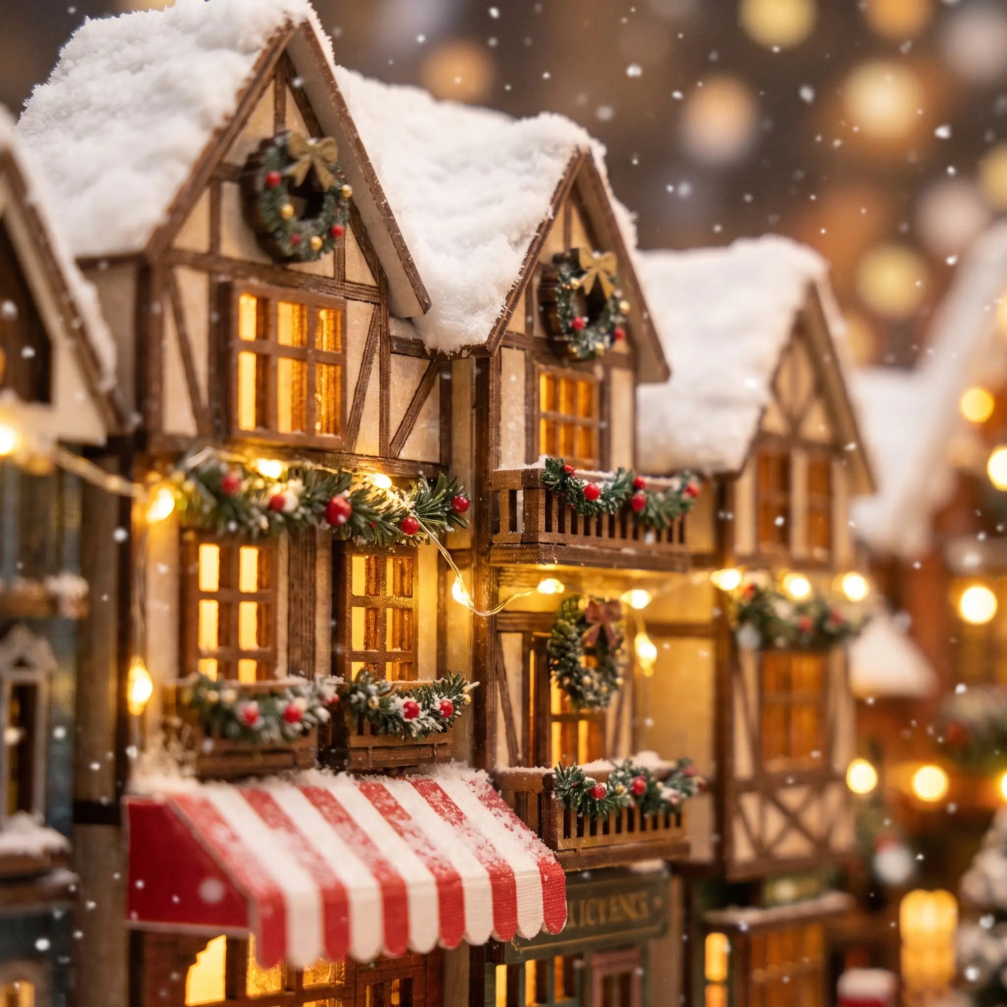 Detail of the snow-covered timber Tudor shopfronts with warm windows in The Winter Lane