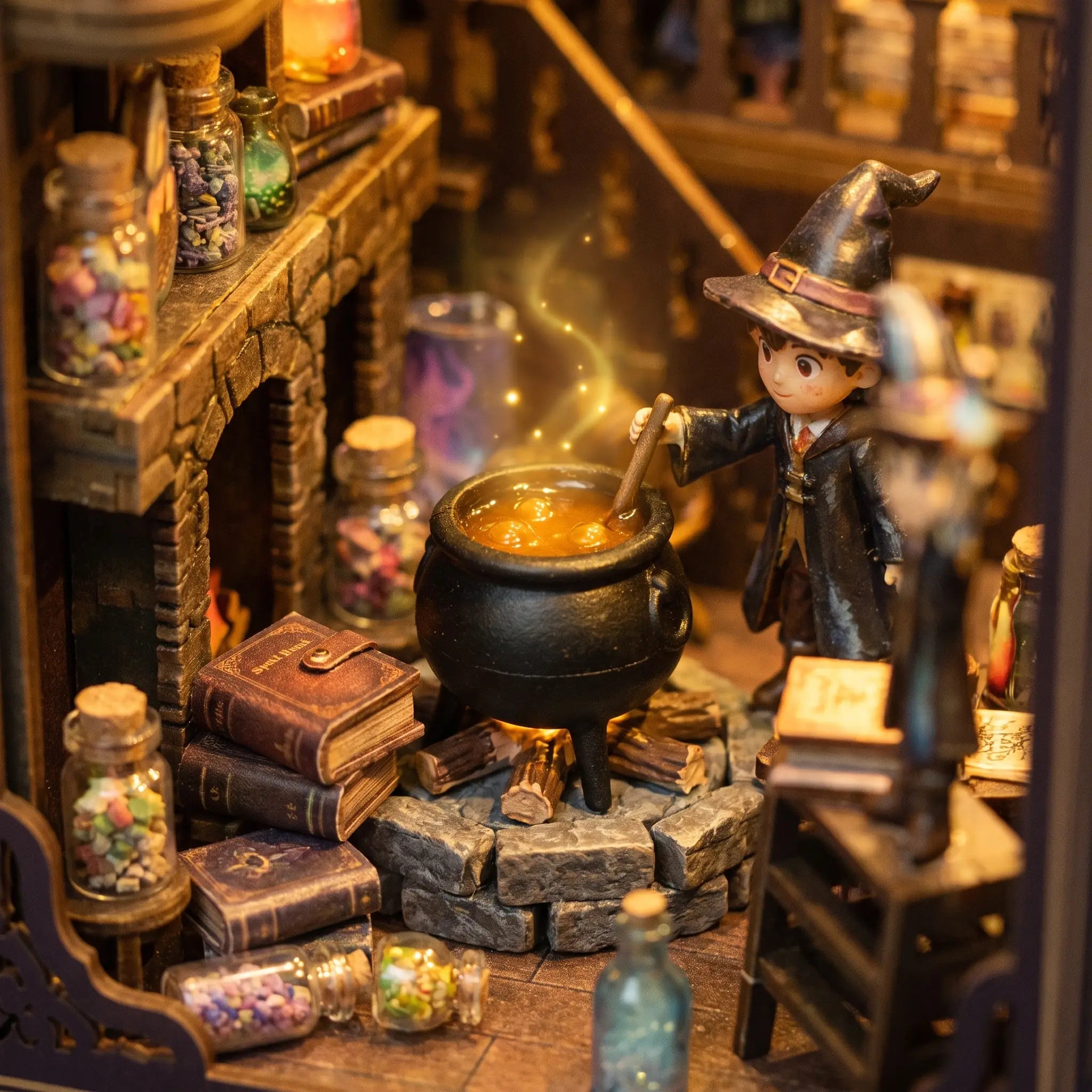 Detail of a bubbling cauldron and spell books inside the alchemy academy book nook