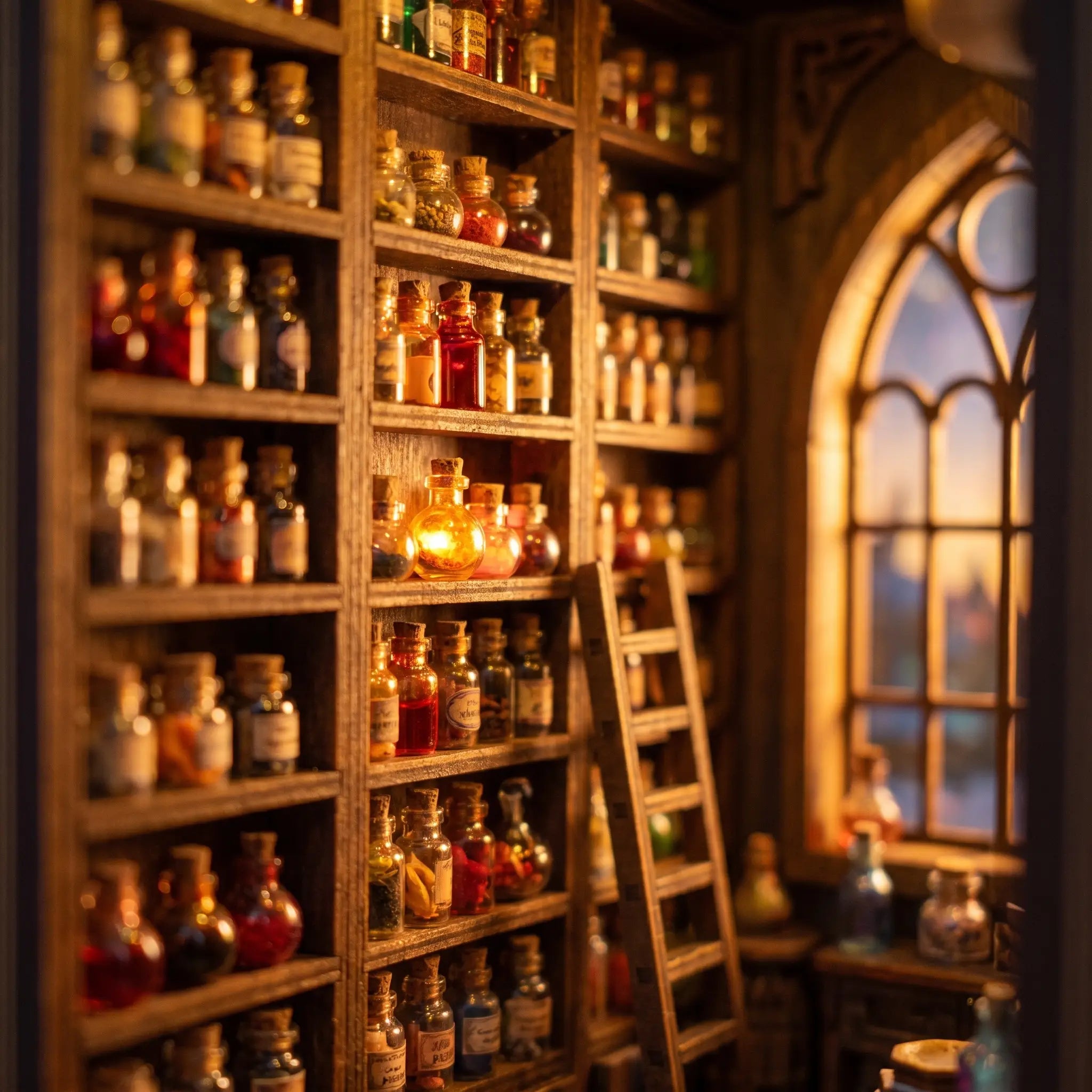 Detail of the apothecary potion wall and arched window inside the book nook