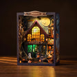 The Haunted Manor DIY book nook kit, spooky Halloween mansion glowing at night