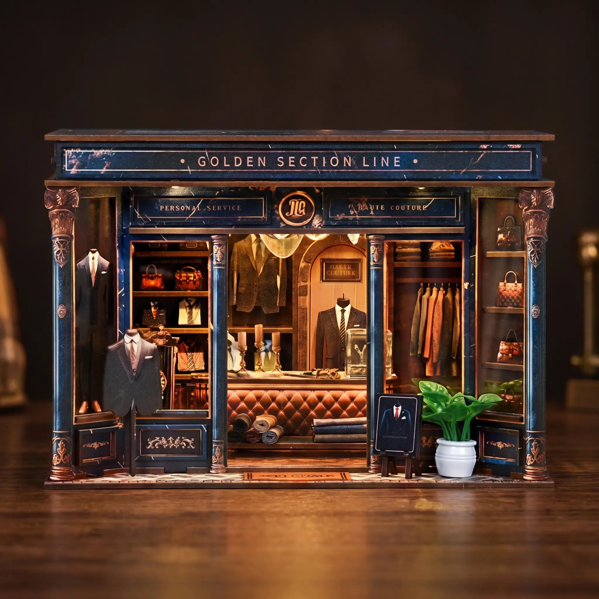 The Tailor's Atelier miniature bespoke menswear boutique, dark backdrop hero