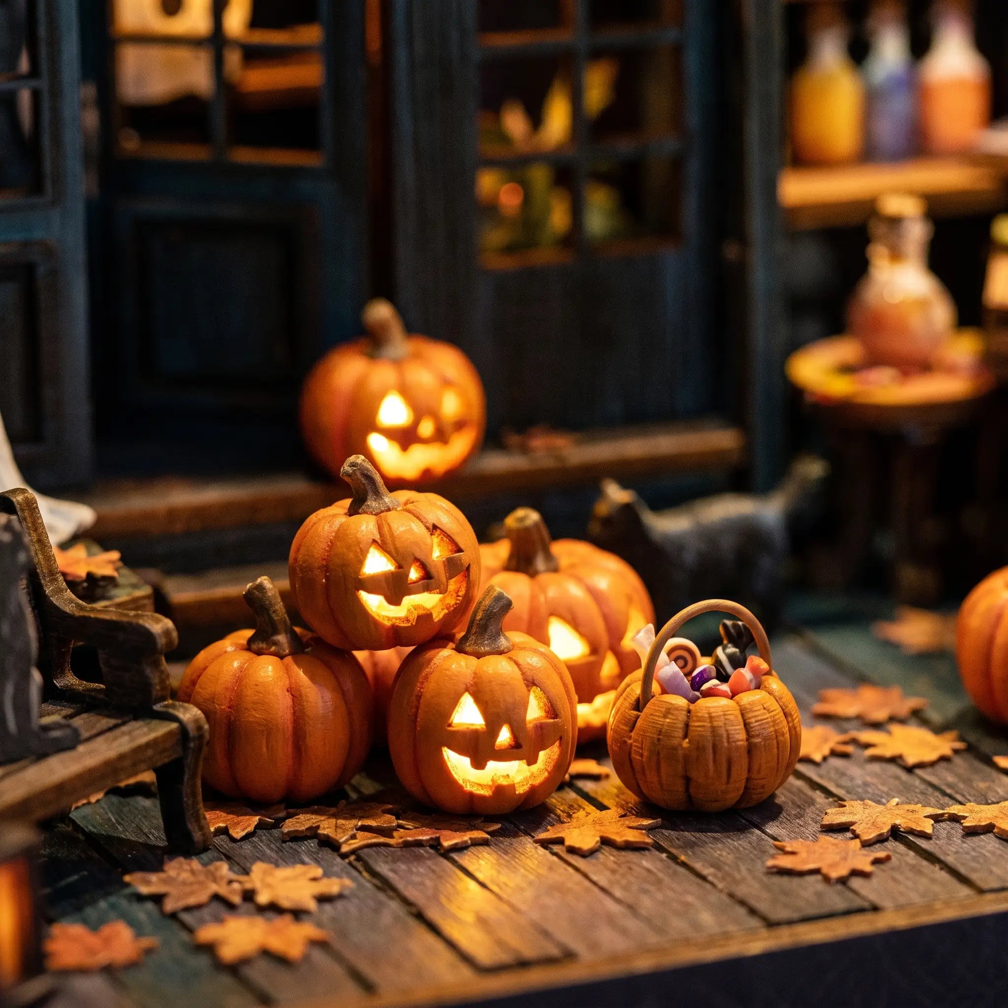 Close-up of carved glowing jack-o-lantern pumpkins on the porch of The Haunted Manor