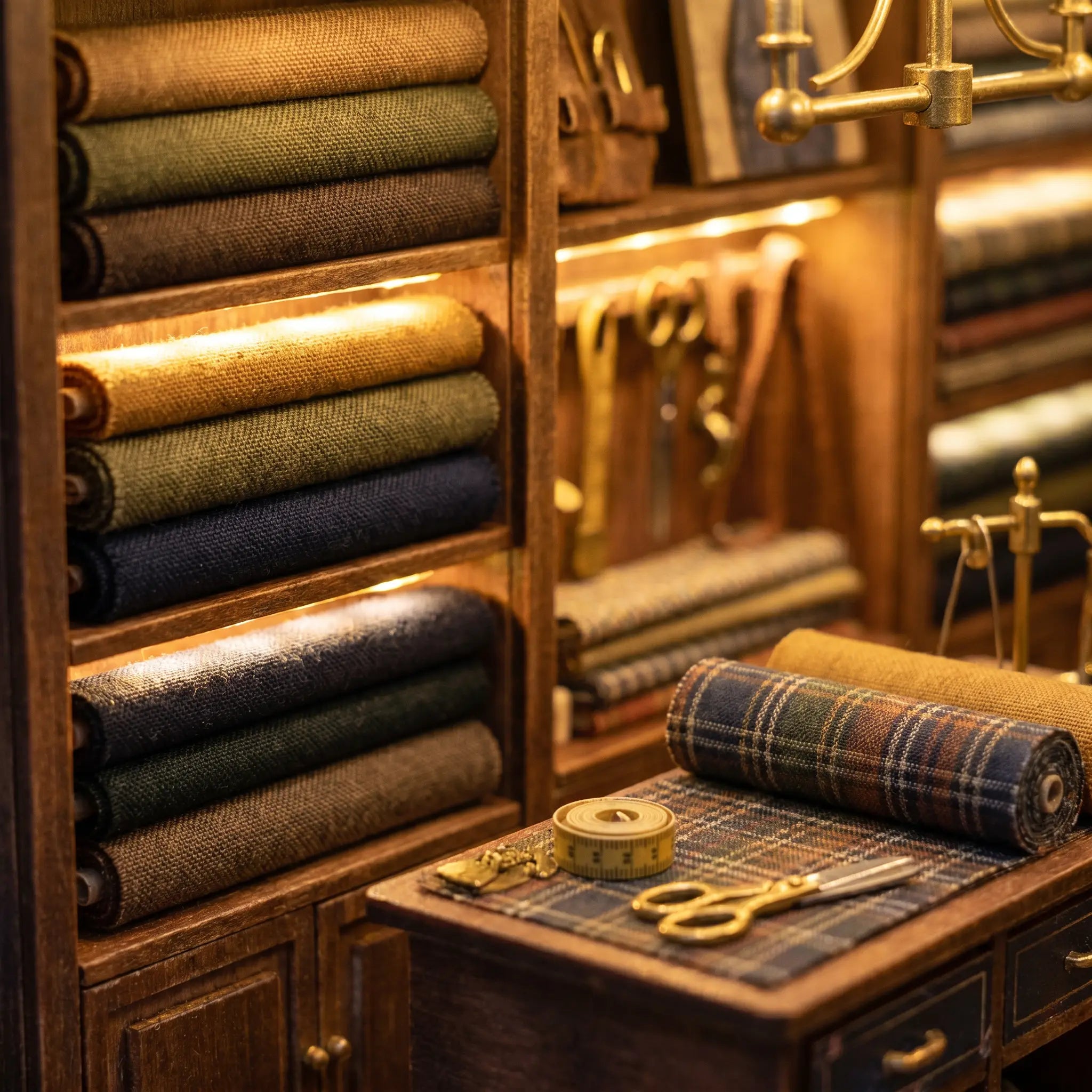 The Tailor's Atelier detail, rolls of suiting fabric