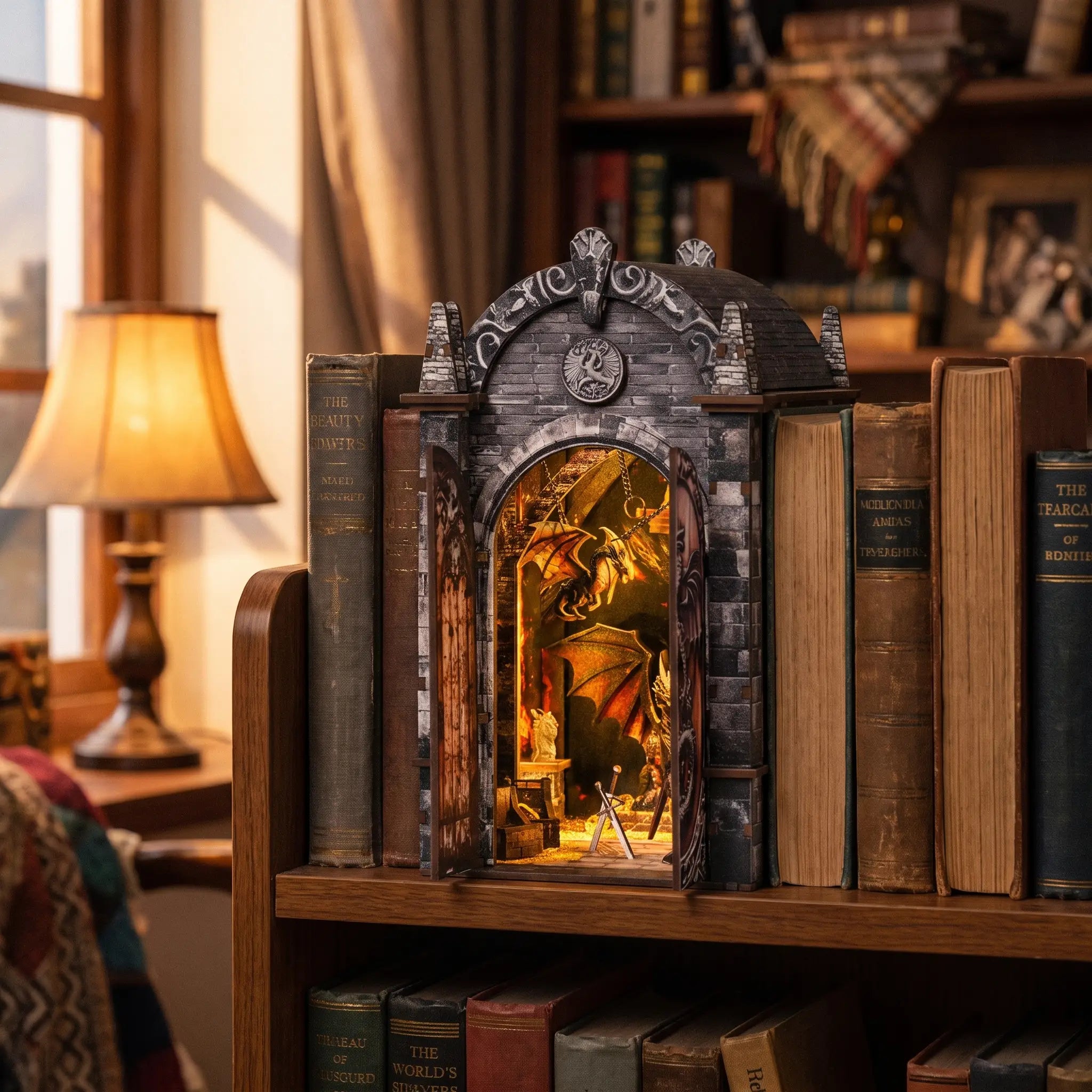 The Dragon's Keep book nook slotted on a bookshelf at dusk