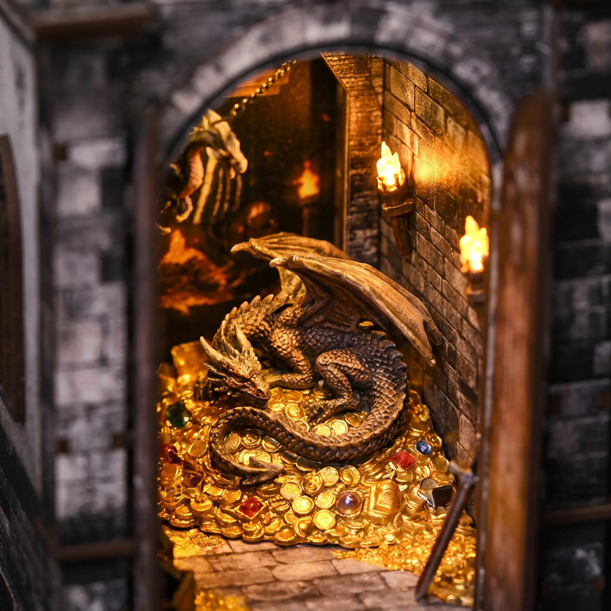 Macro close-up of the dragon over its glowing treasure hoard inside The Dragon's Keep