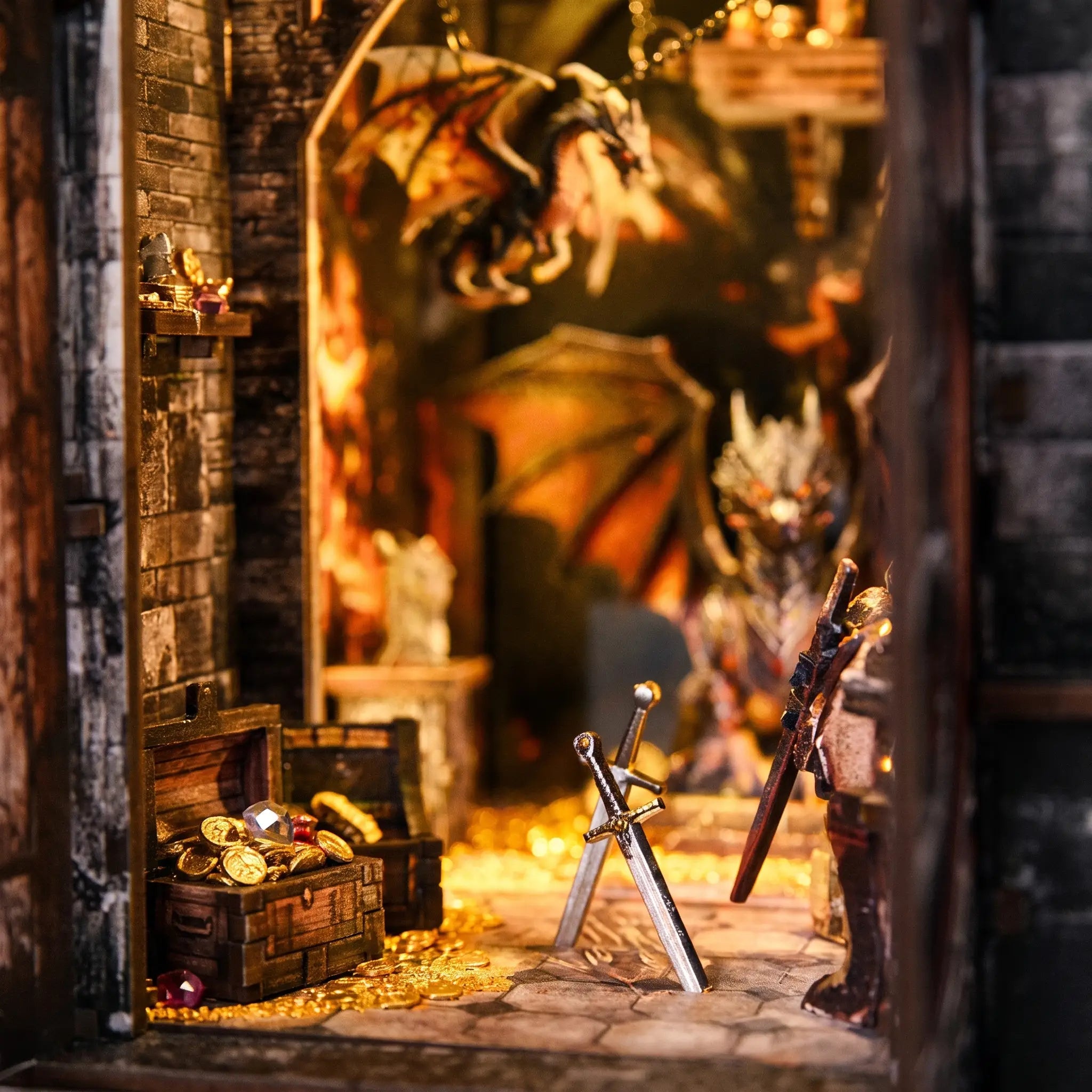 Close-up of the golden treasure hoard and chests inside The Dragon's Keep