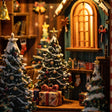 Close-up of the snow-dusted decorated pine trees with a gold star