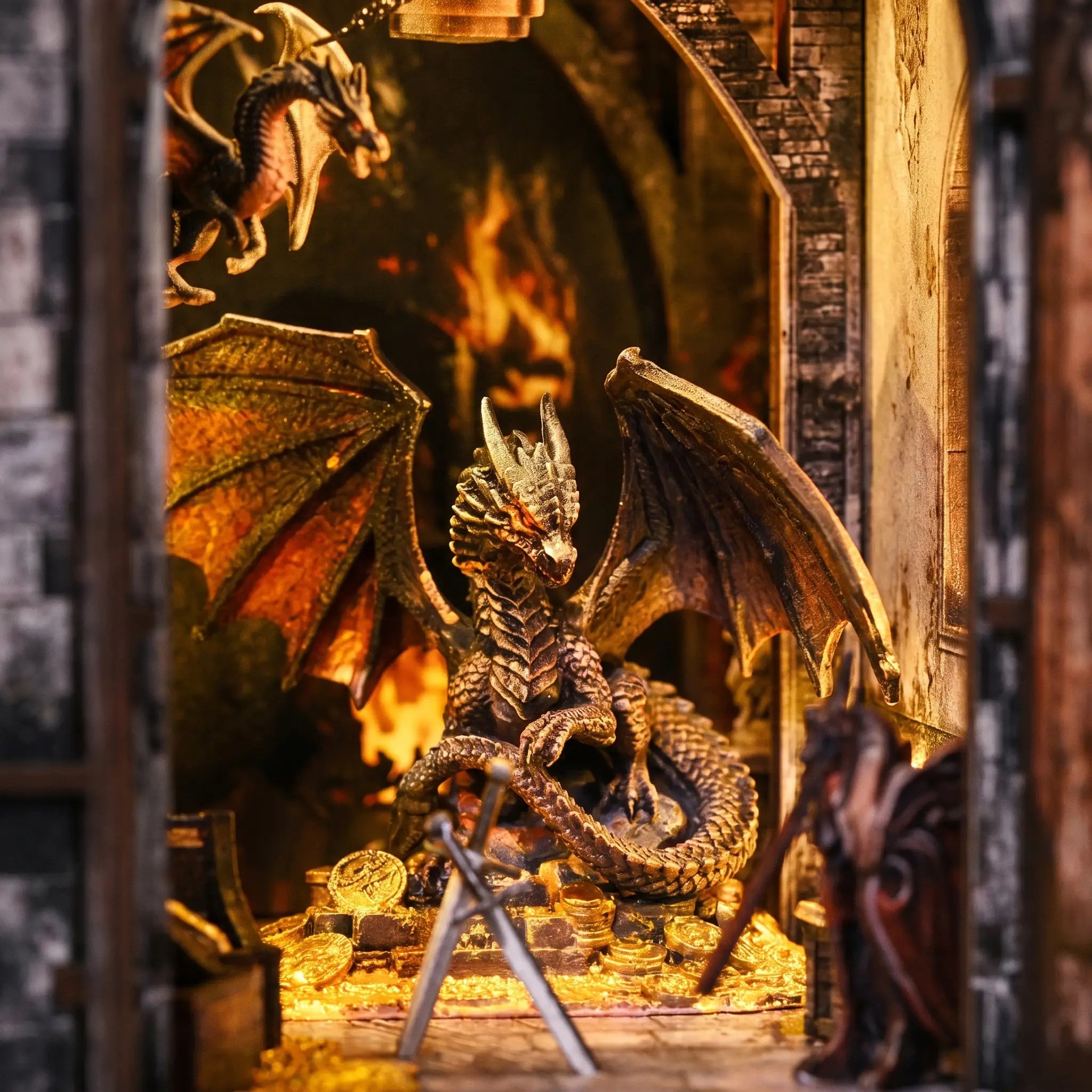 Close-up of the winged dragon spreading its wings inside The Dragon's Keep