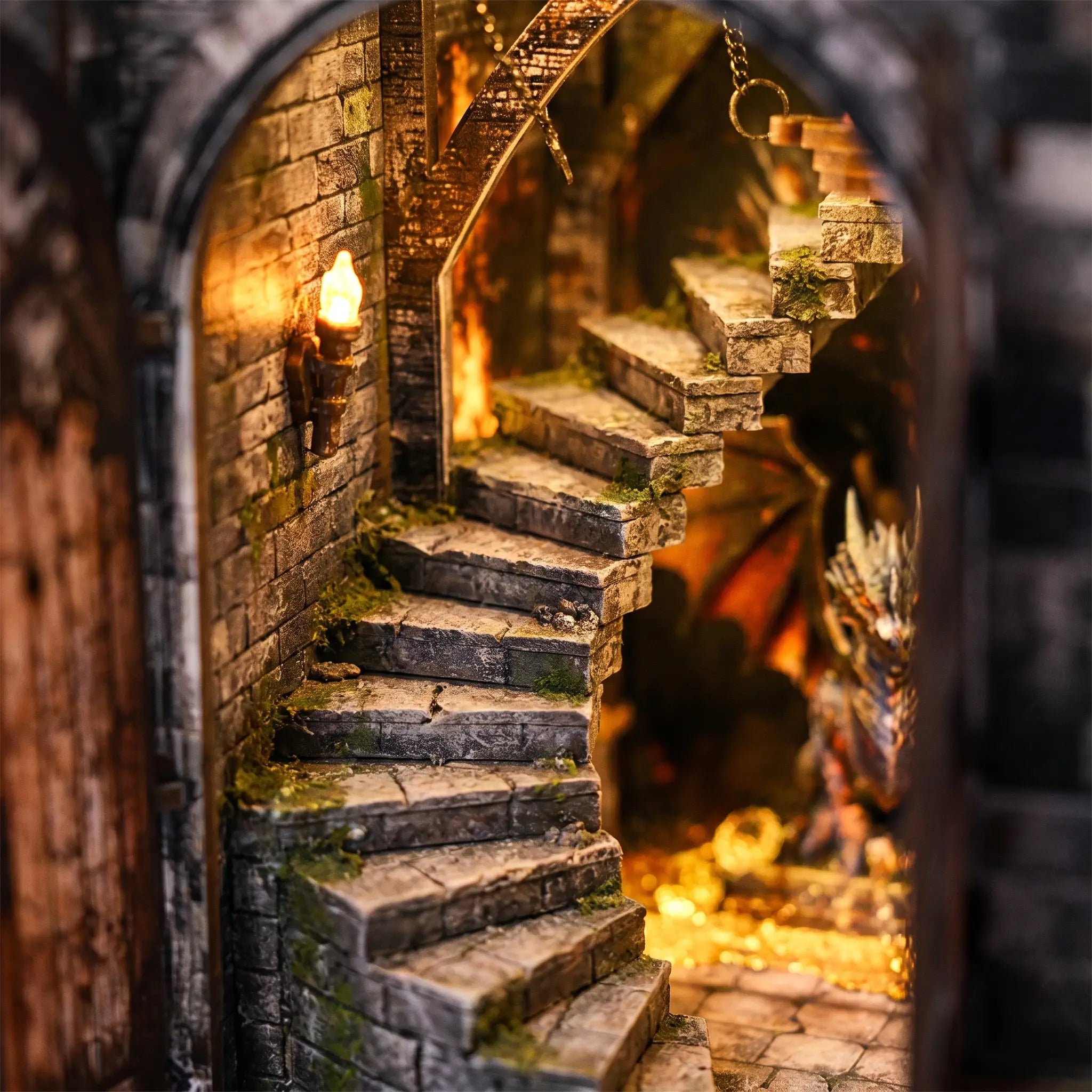 Close-up of the stone winding staircase lit by torchlight inside The Dragon's Keep