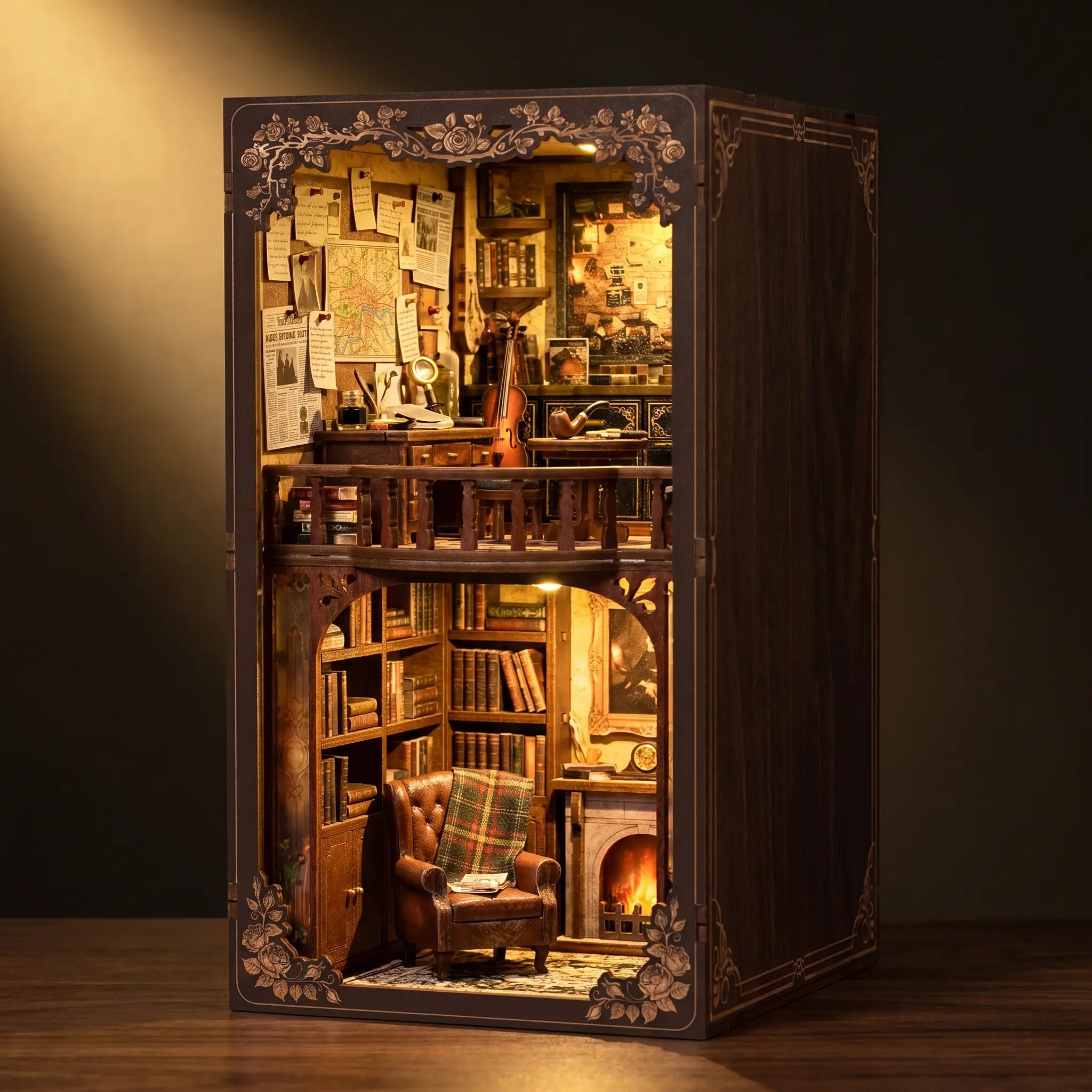 The Detective's Study book nook miniature on a dark walnut backdrop with warm interior lighting