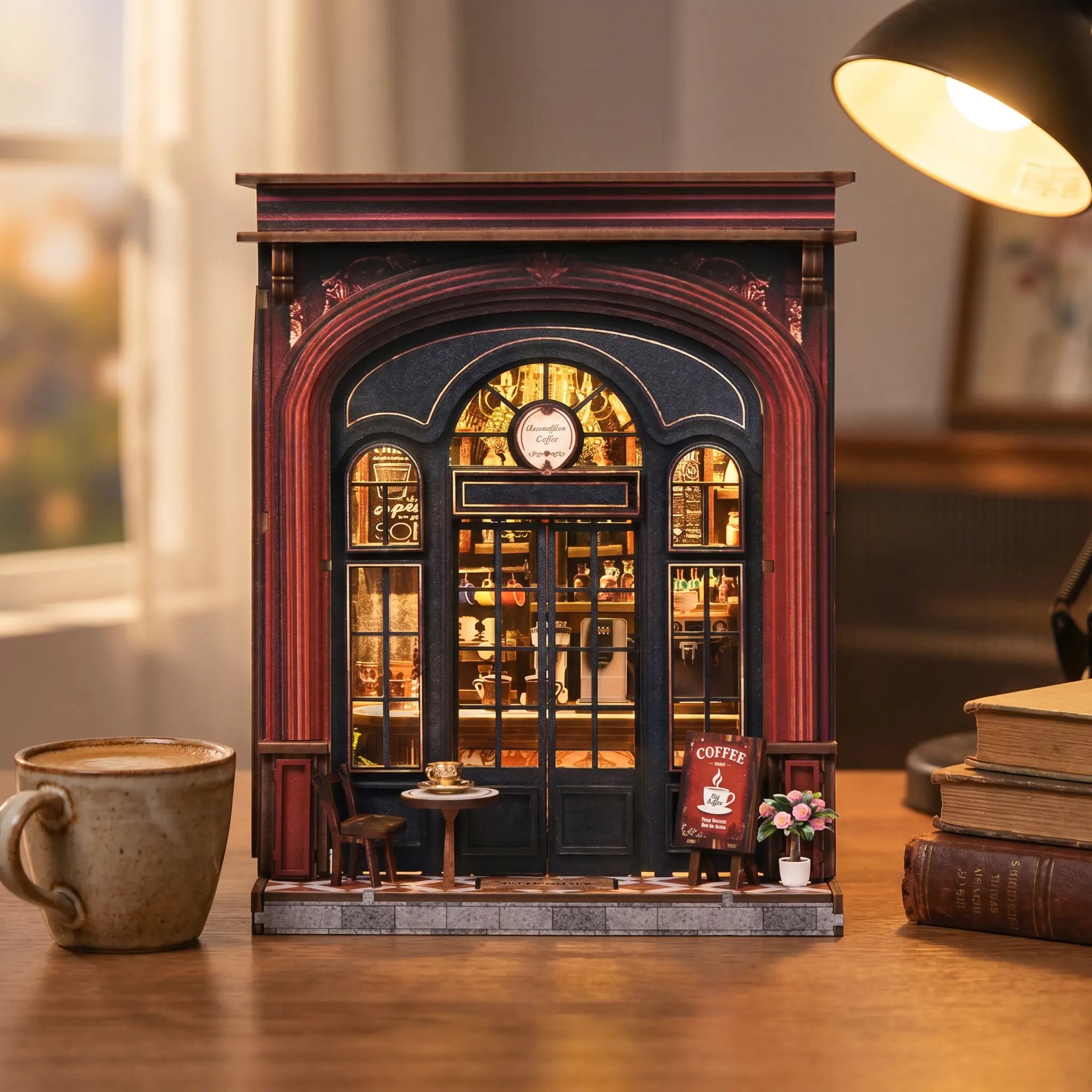 The Coffee Corner miniature on a warm wood desk with a coffee mug and books