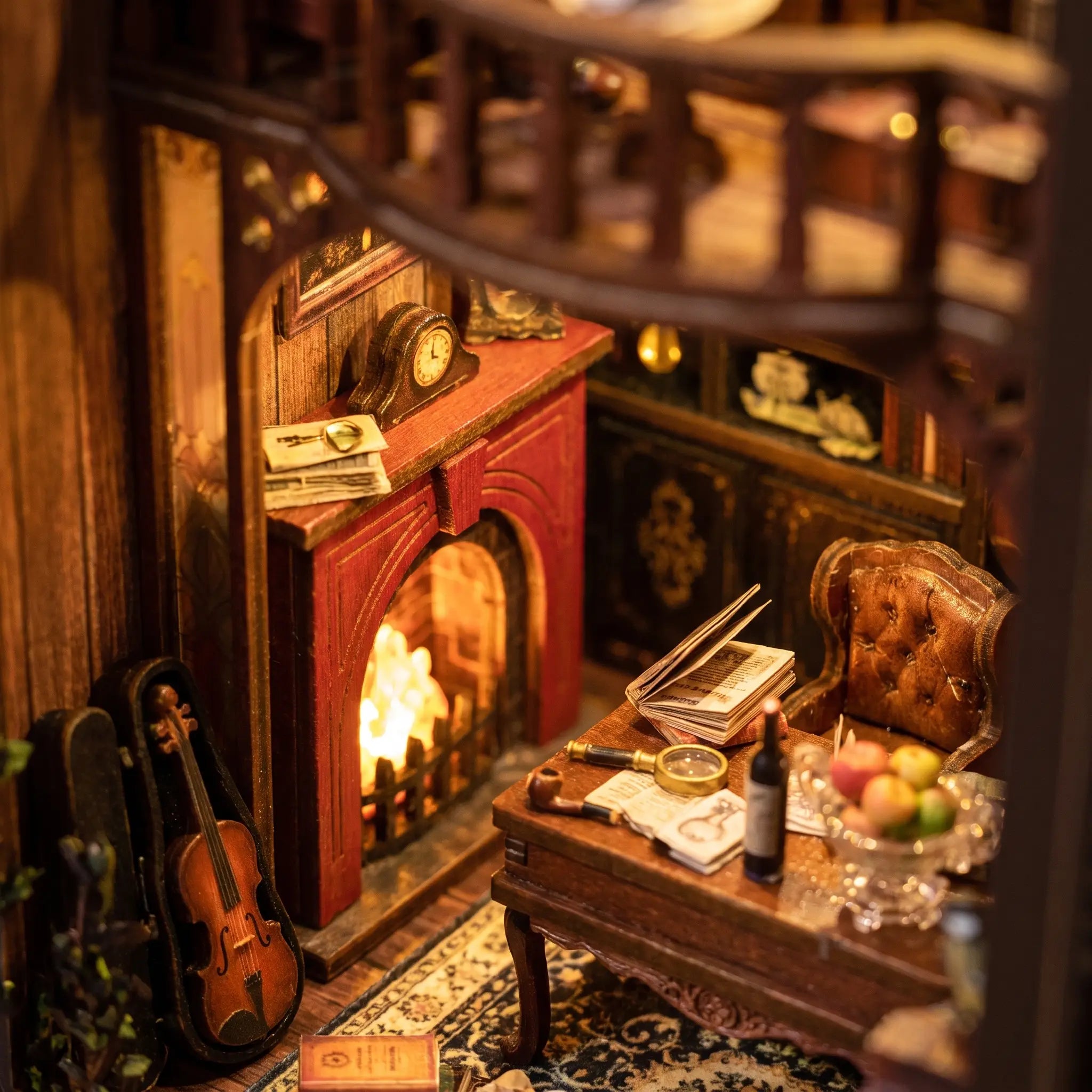 Close-up of the glowing fireplace and leather chair inside The Detective's Study