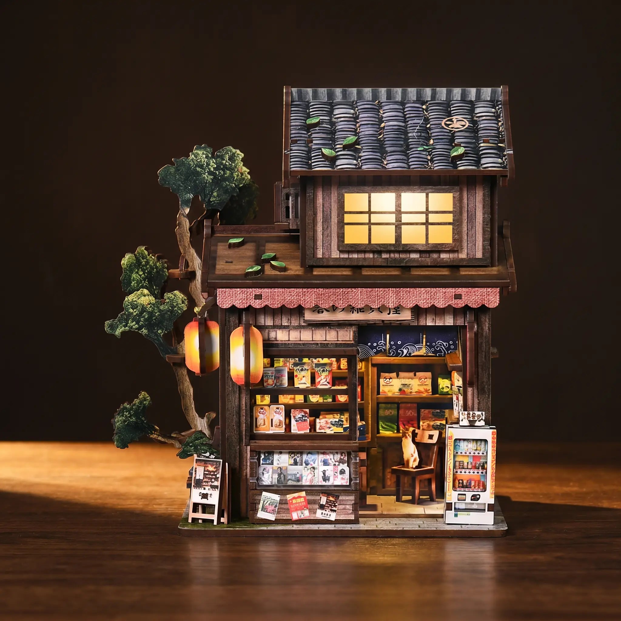 The Corner Store miniature on a dark walnut backdrop with glowing storefront